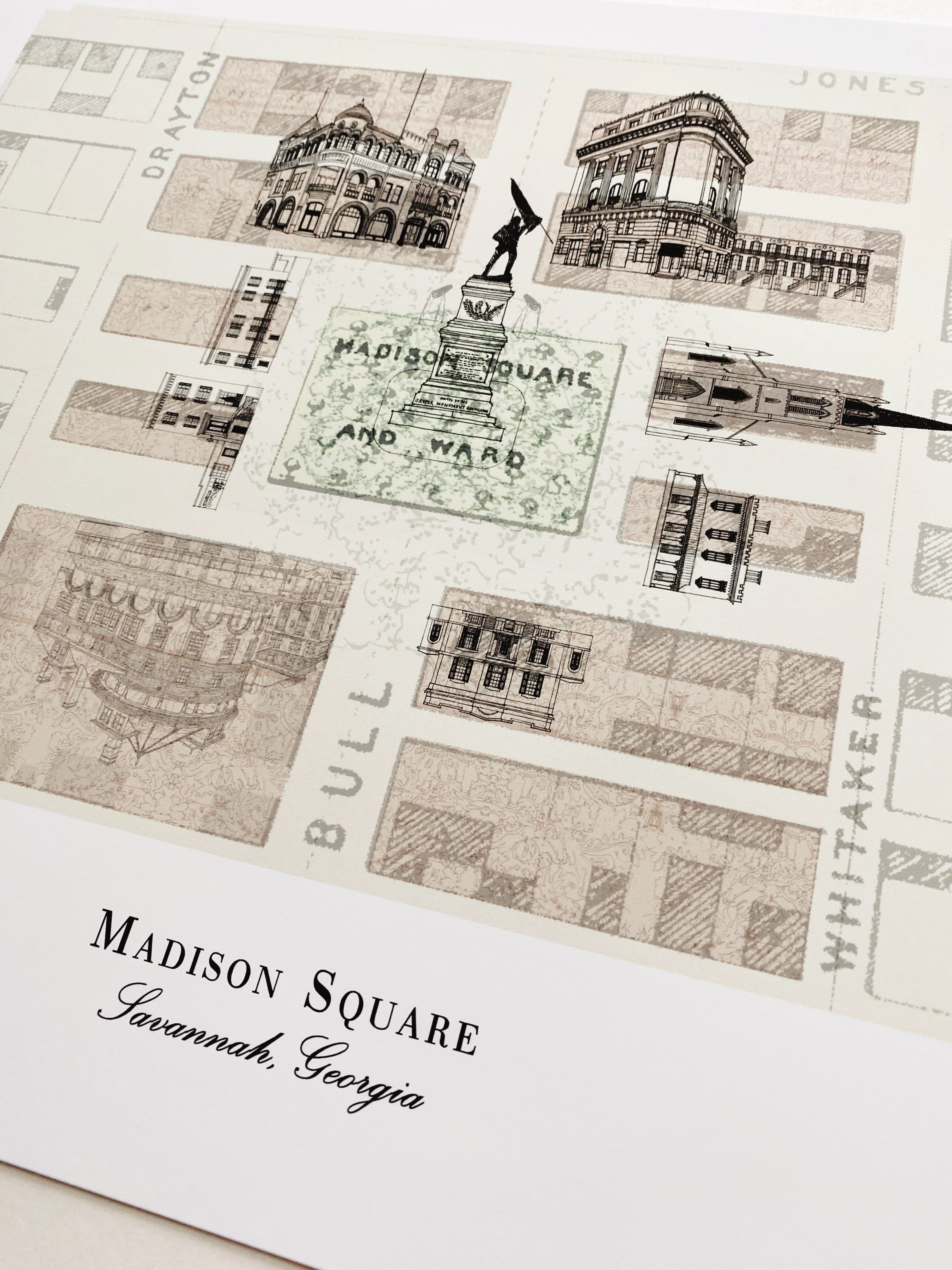 Savannah GA Madison Square Map-drawing: ART PRINT