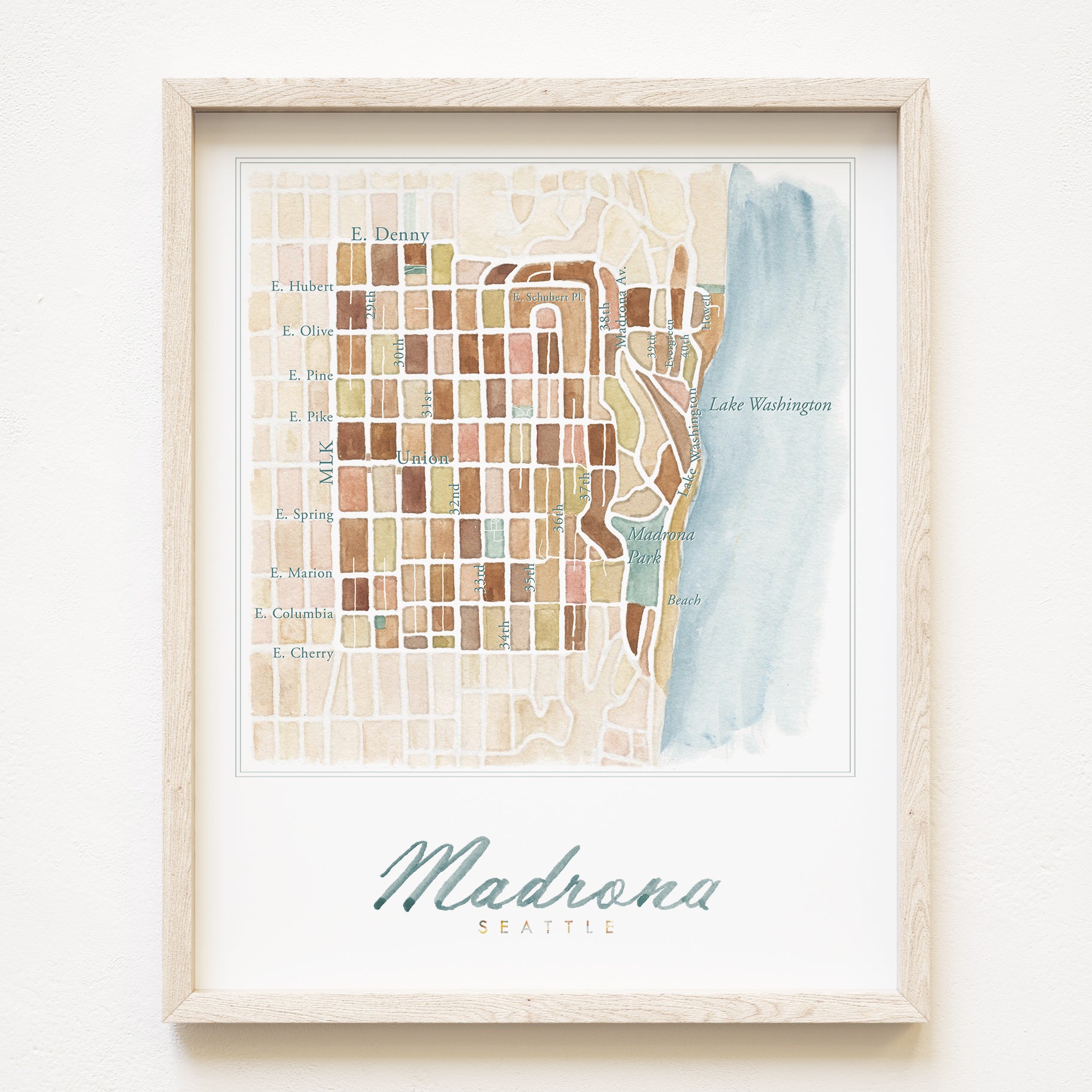 Madrona SEATTLE Neighborhood Watercolor Map in Madrona Colors: PRINT