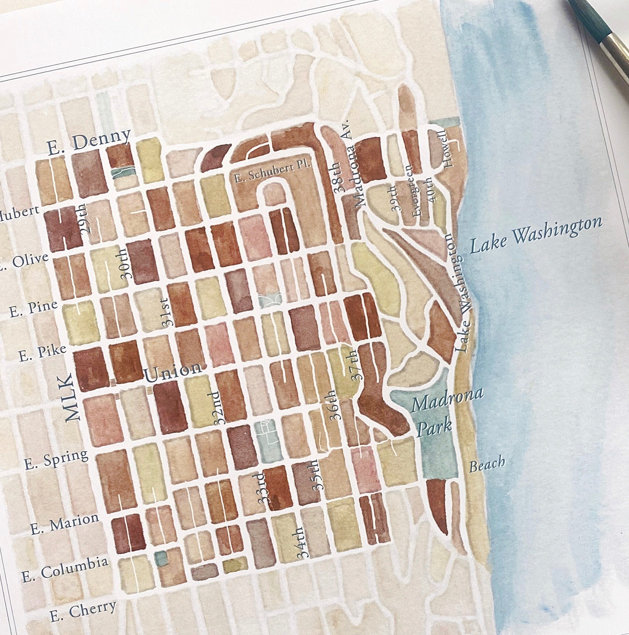 Madrona SEATTLE Neighborhood Watercolor Map in Madrona Colors: PRINT