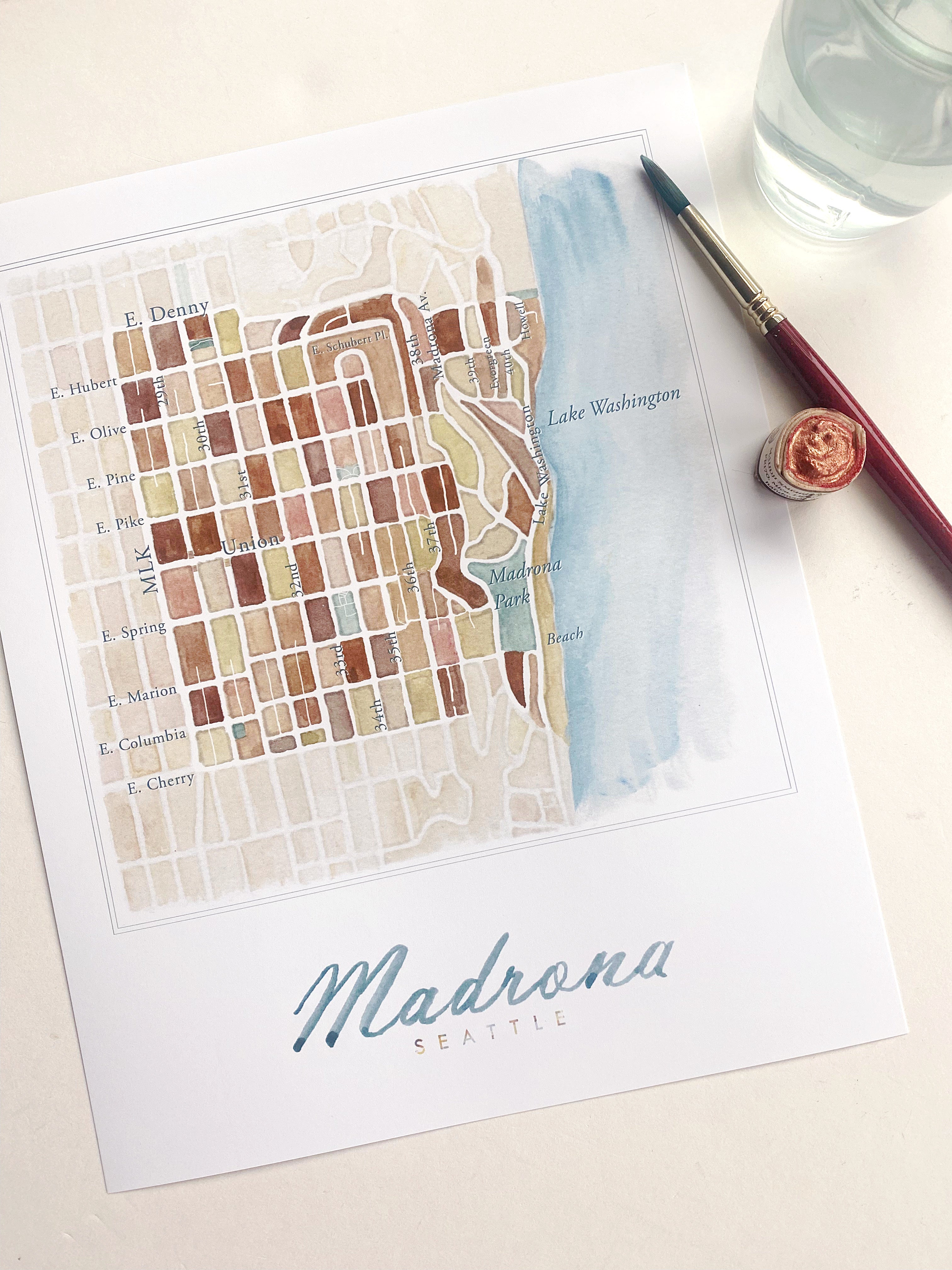 Madrona SEATTLE Neighborhood Watercolor Map in Madrona Colors: PRINT