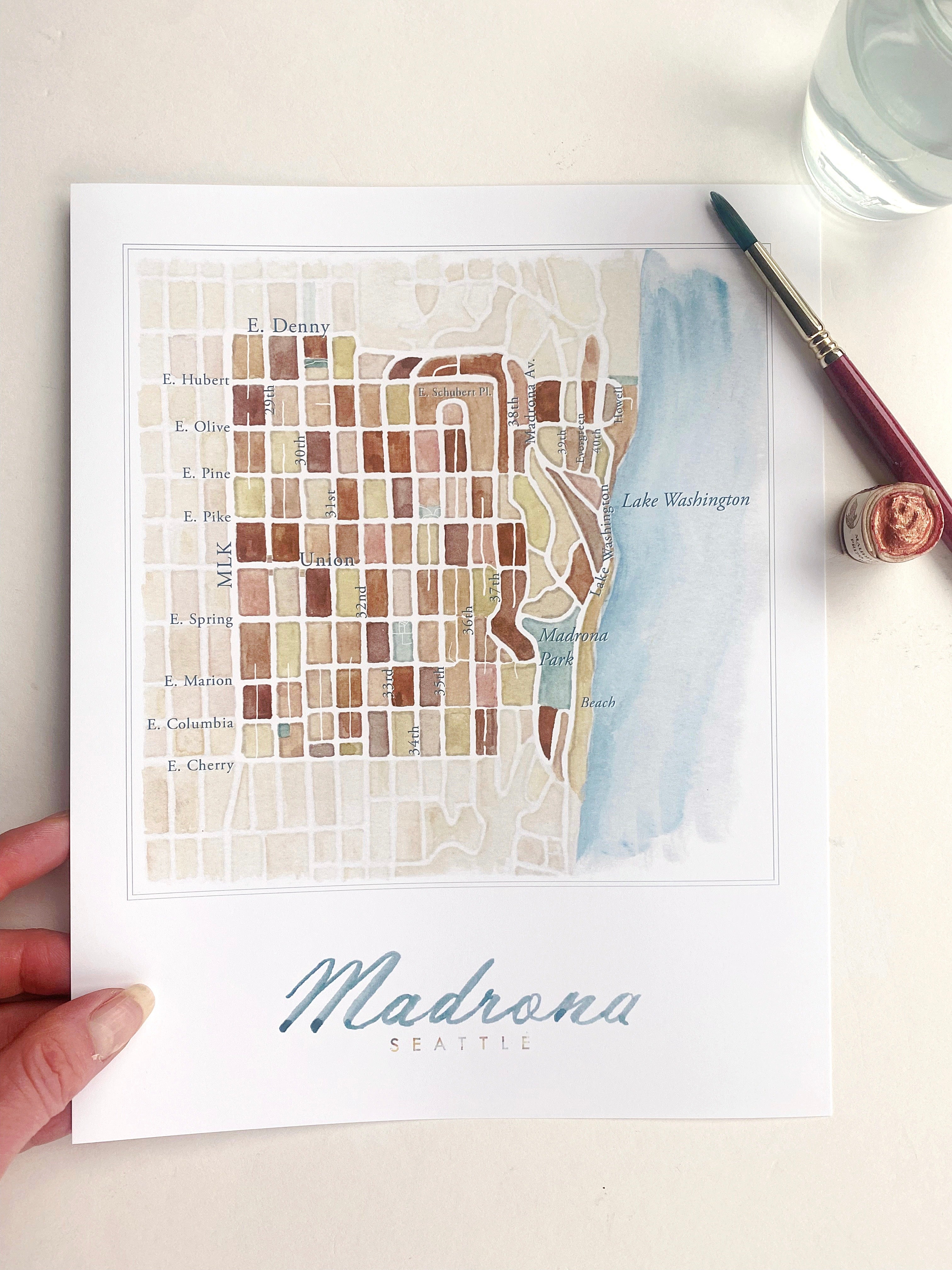 Madrona SEATTLE Neighborhood Watercolor Map in Madrona Colors: PRINT