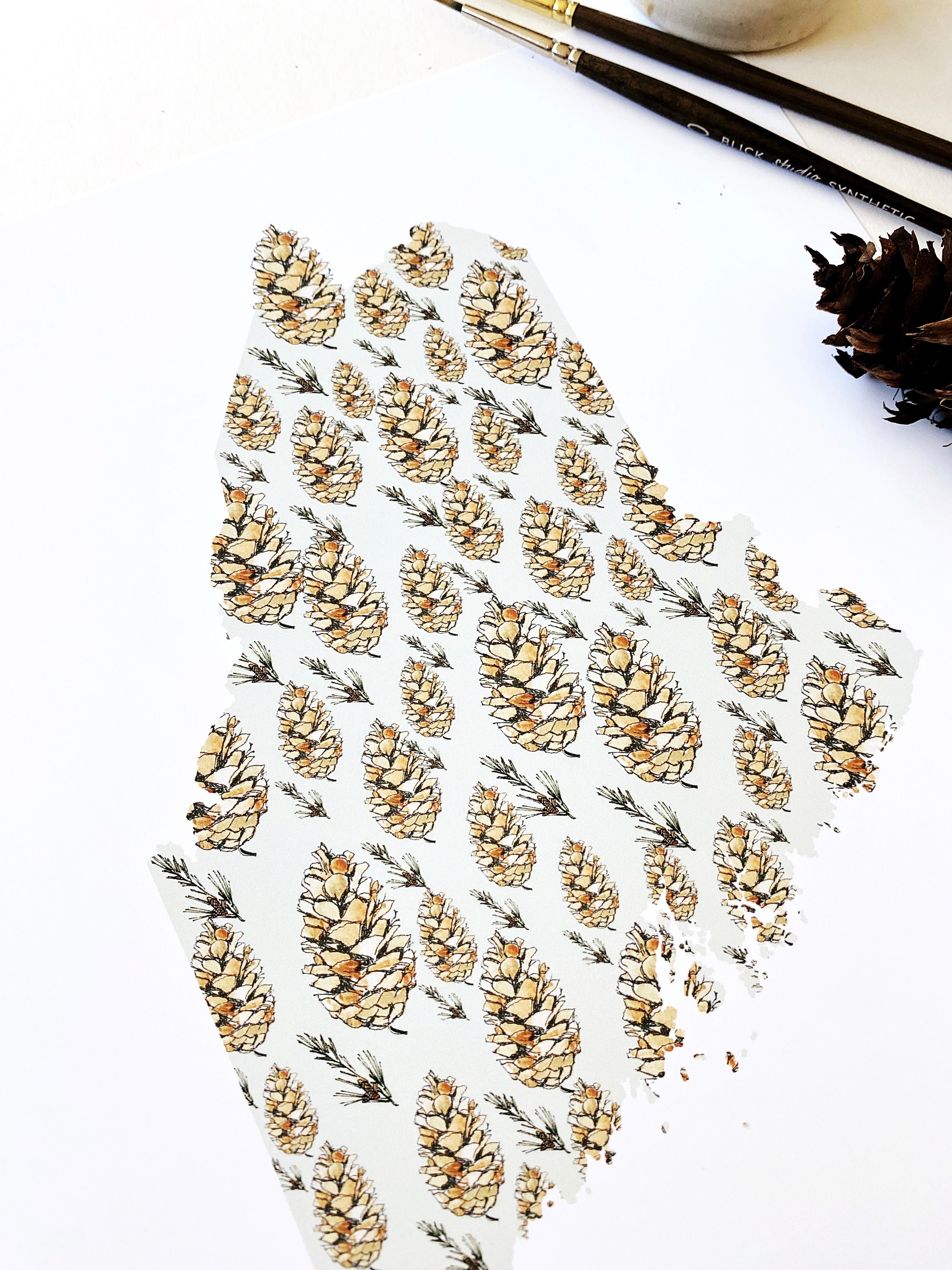 MAINE State Flower Map: White Pine Cone + Tassel: PRINT