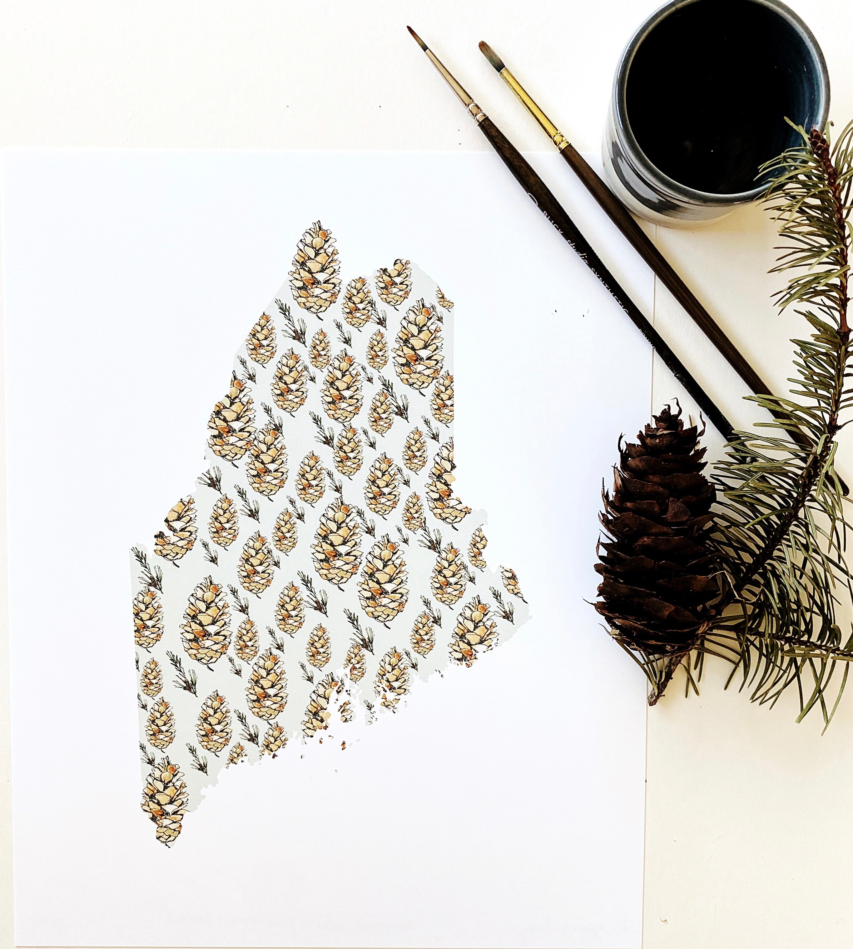 MAINE State Flower Map: White Pine Cone + Tassel: PRINT