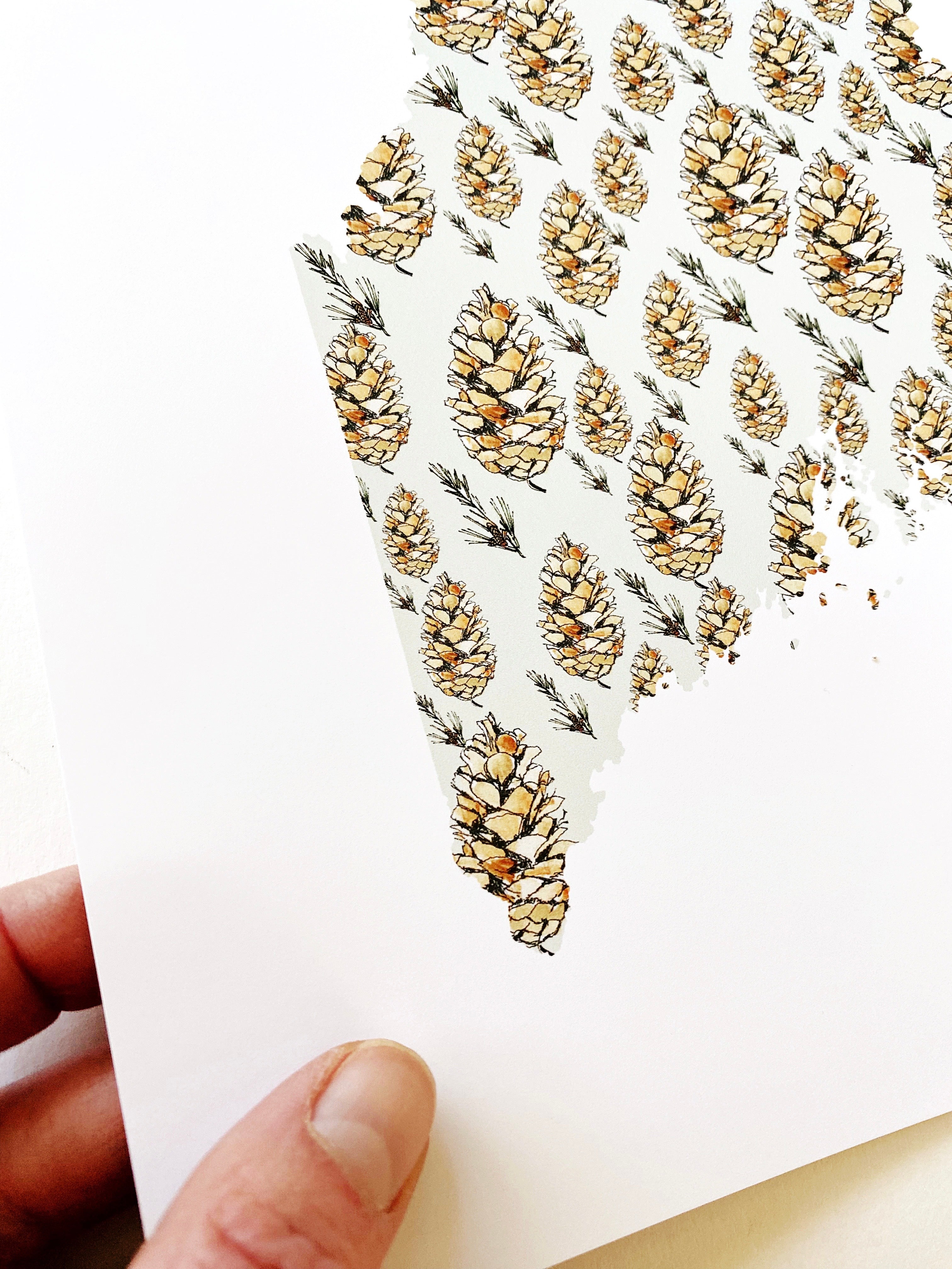 MAINE State Flower Map: White Pine Cone + Tassel: PRINT