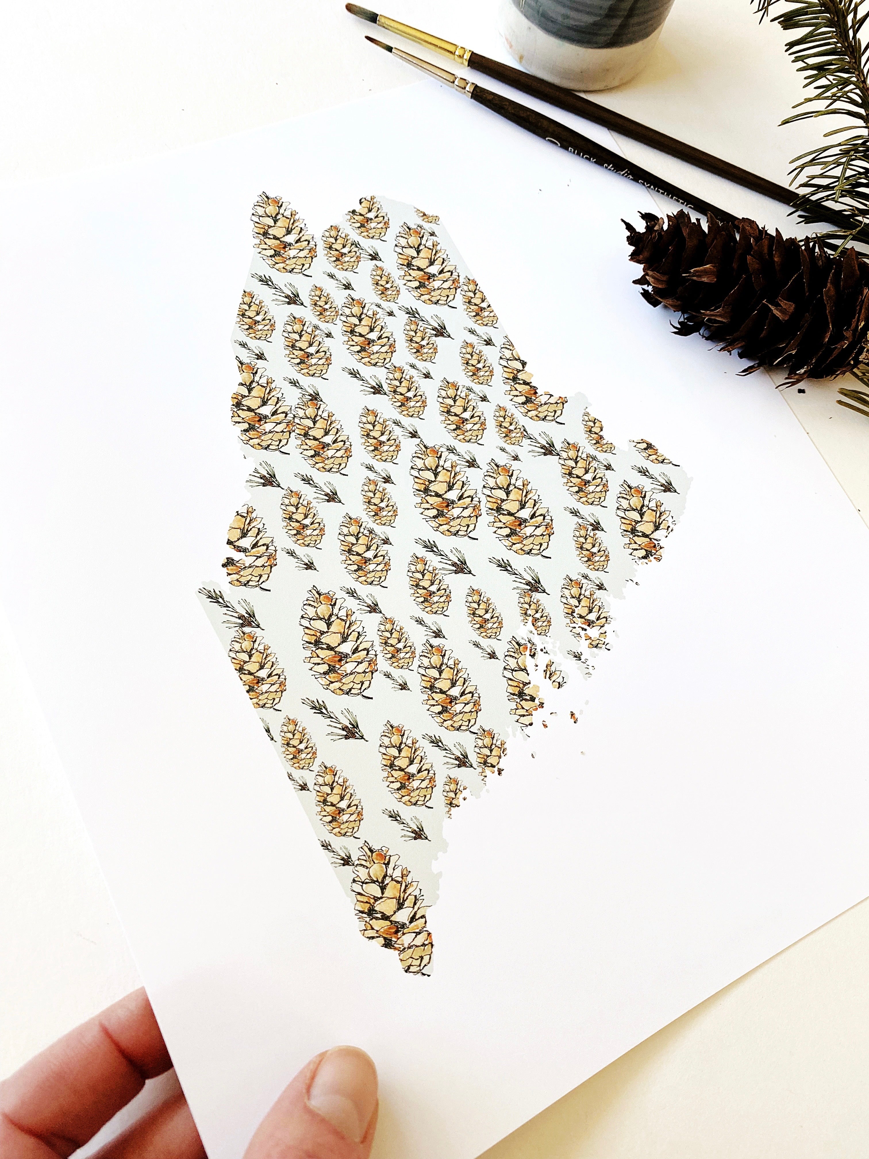 MAINE State Flower Map: White Pine Cone + Tassel: PRINT