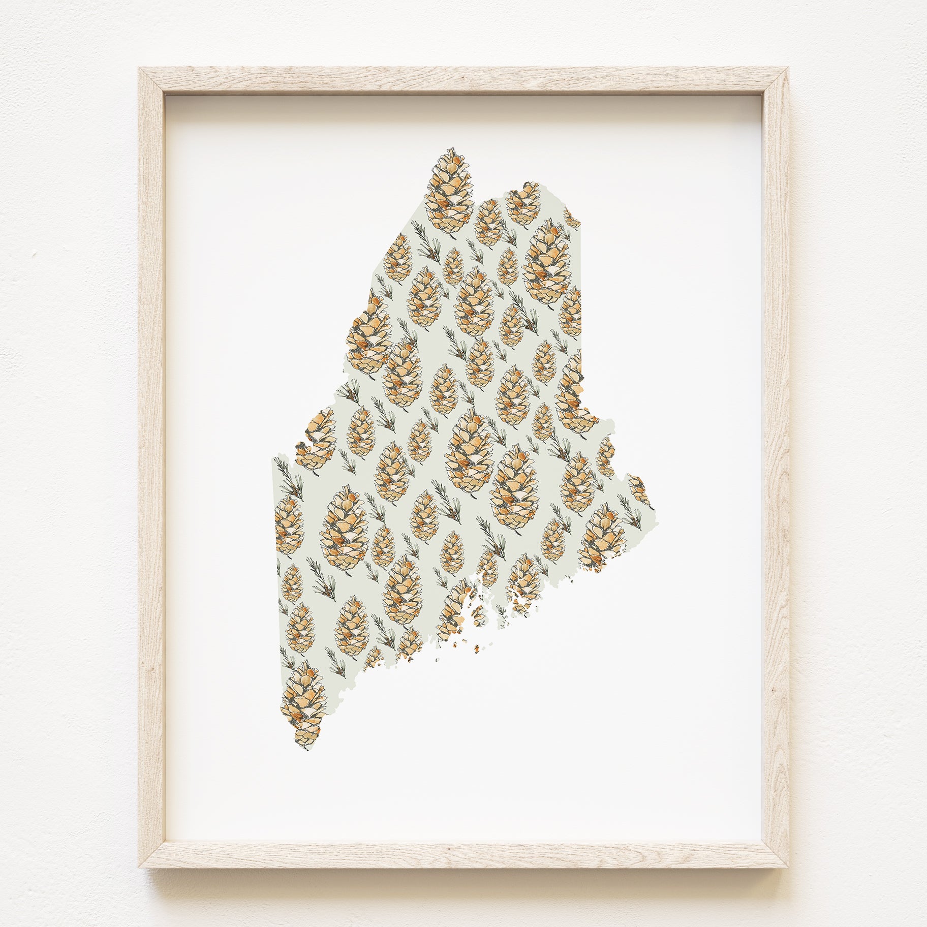 MAINE State Flower Map: White Pine Cone + Tassel: PRINT