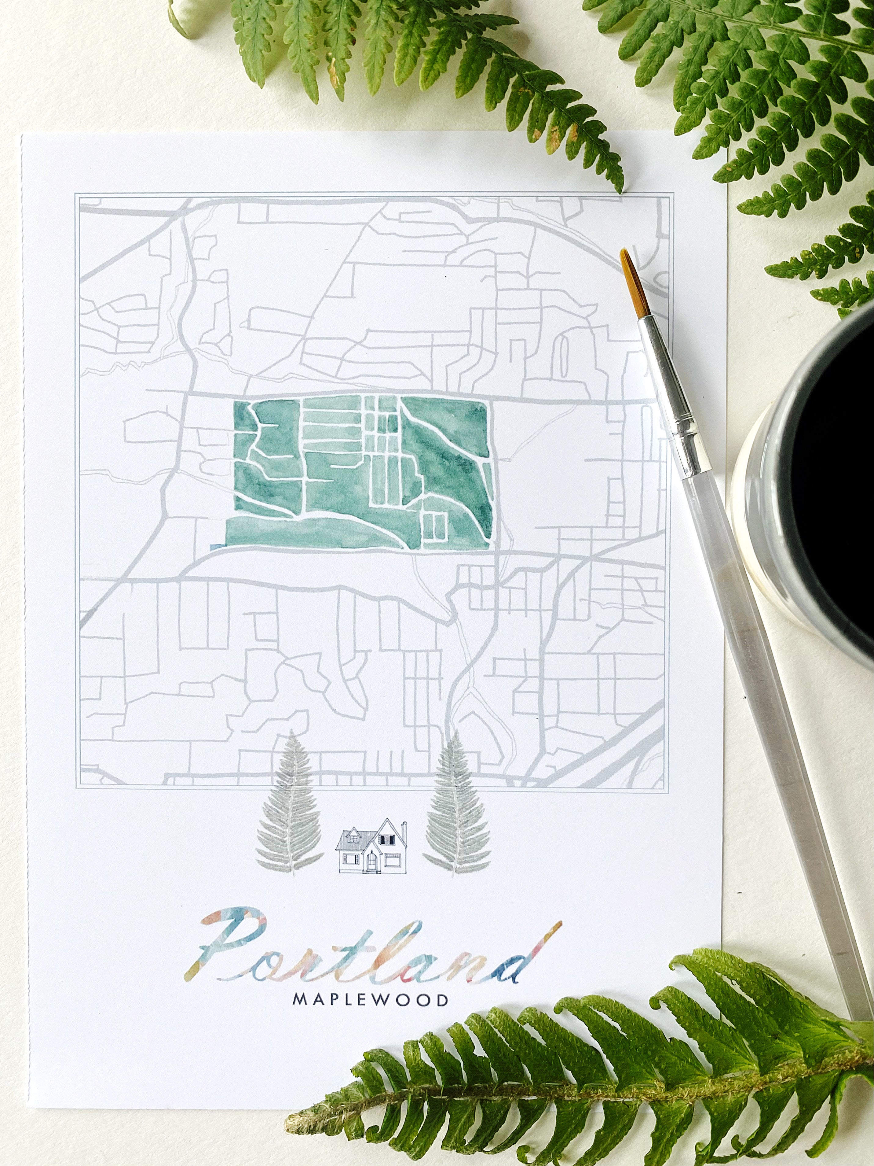 Maplewood PORTLAND Neighborhood Watercolor Map: PRINT