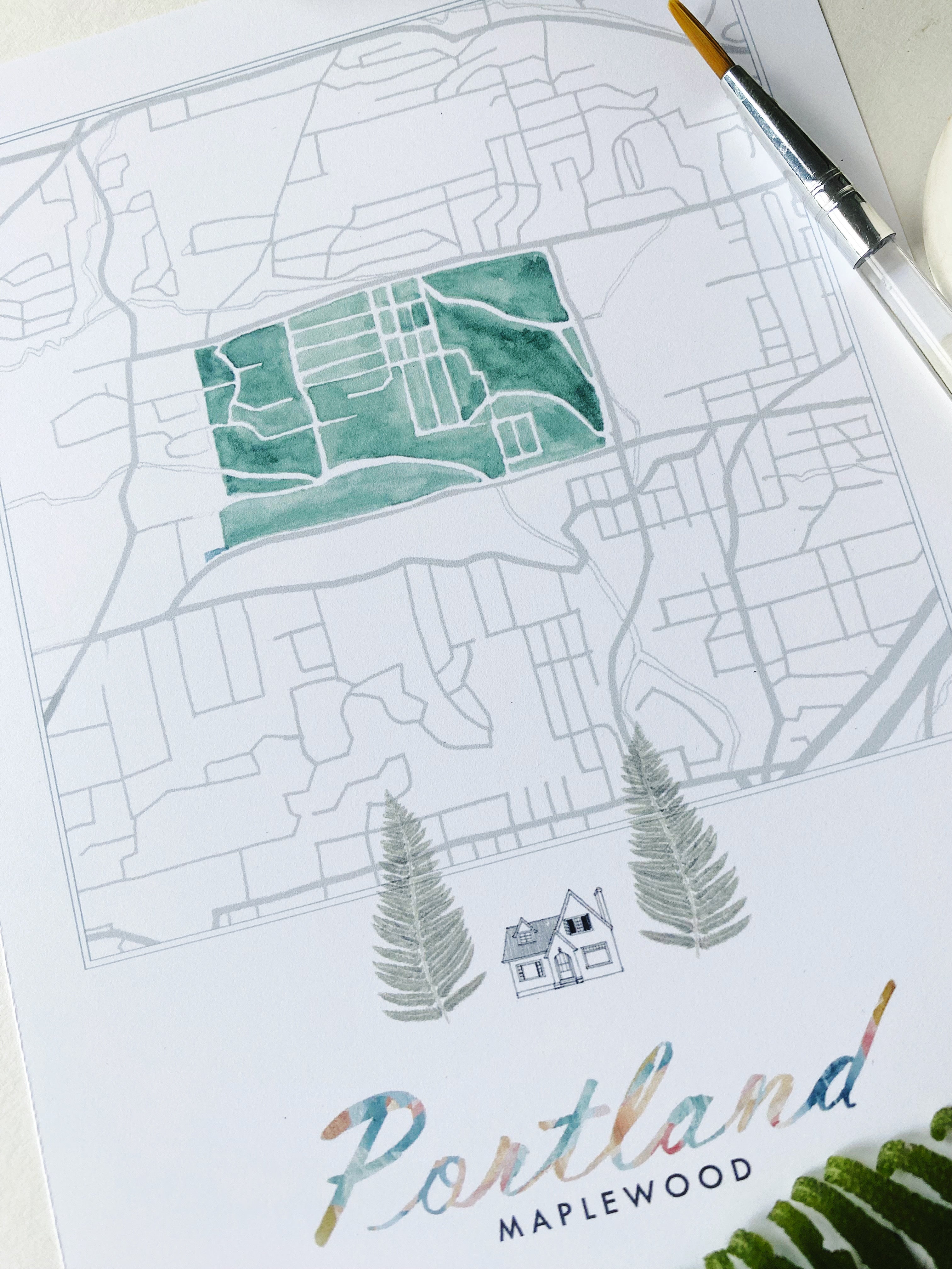Maplewood PORTLAND Neighborhood Watercolor Map: PRINT