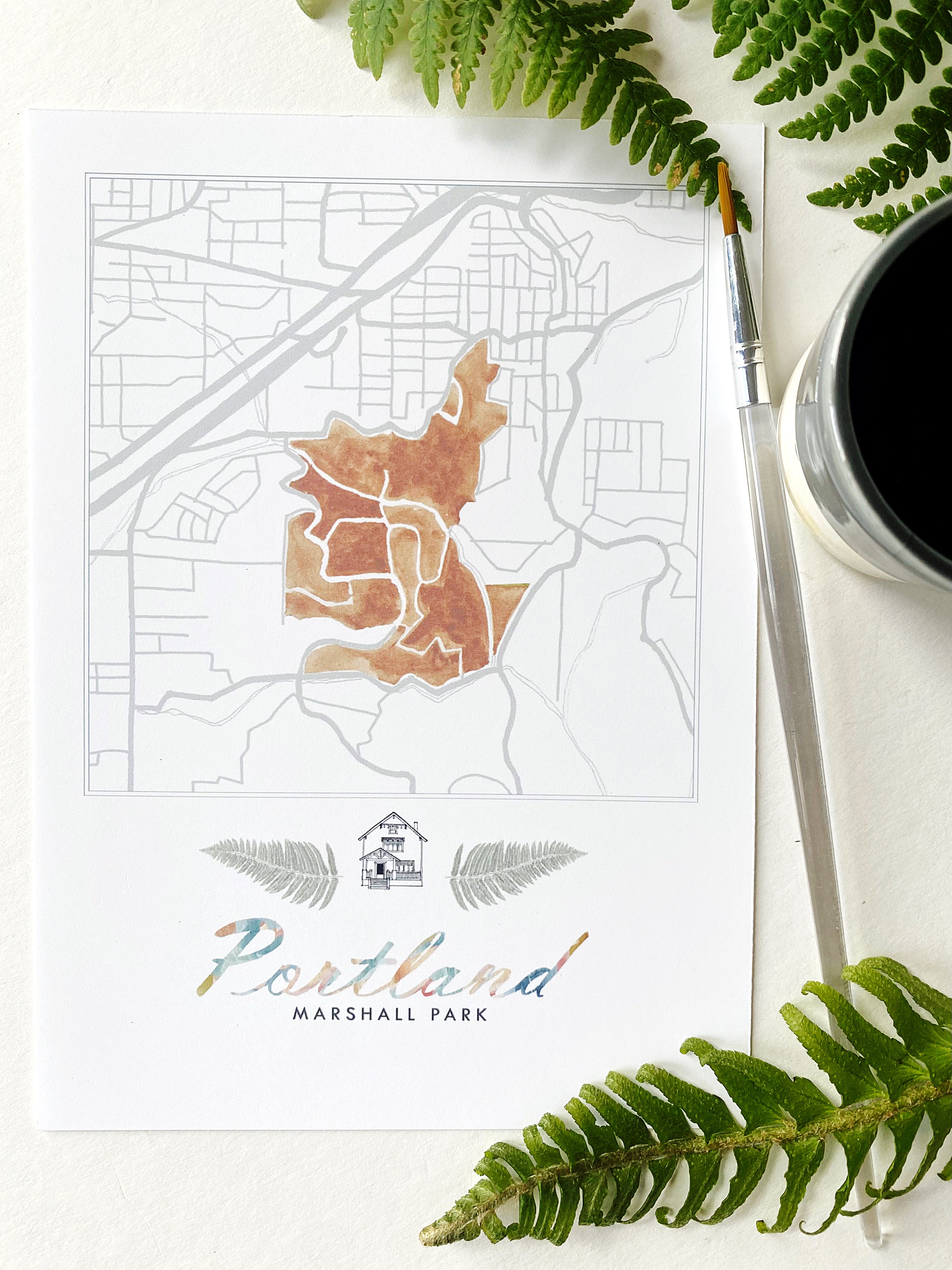 Marshall Park PORTLAND Neighborhood Watercolor Map: PRINT