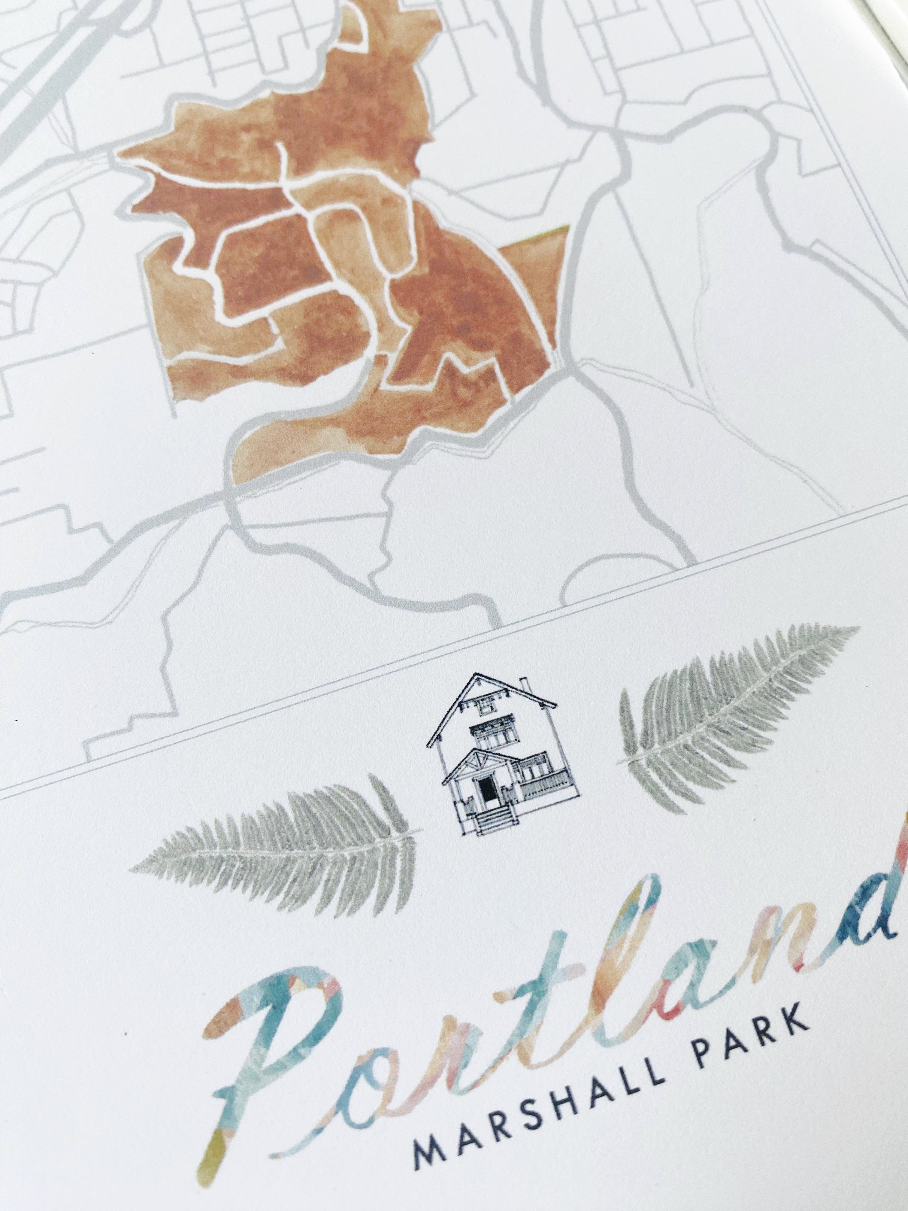Marshall Park PORTLAND Neighborhood Watercolor Map: PRINT