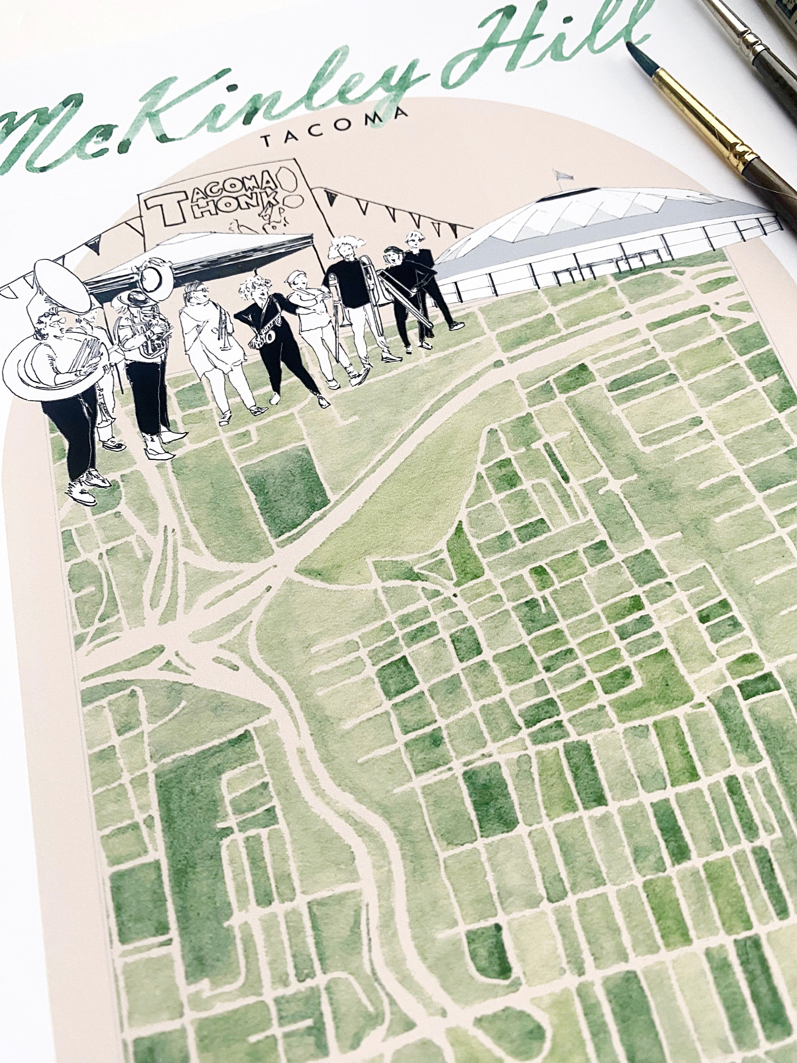 new MCKINLEY HILL TACOMA Neighborhood "Charms" Watercolor Map: PRINT