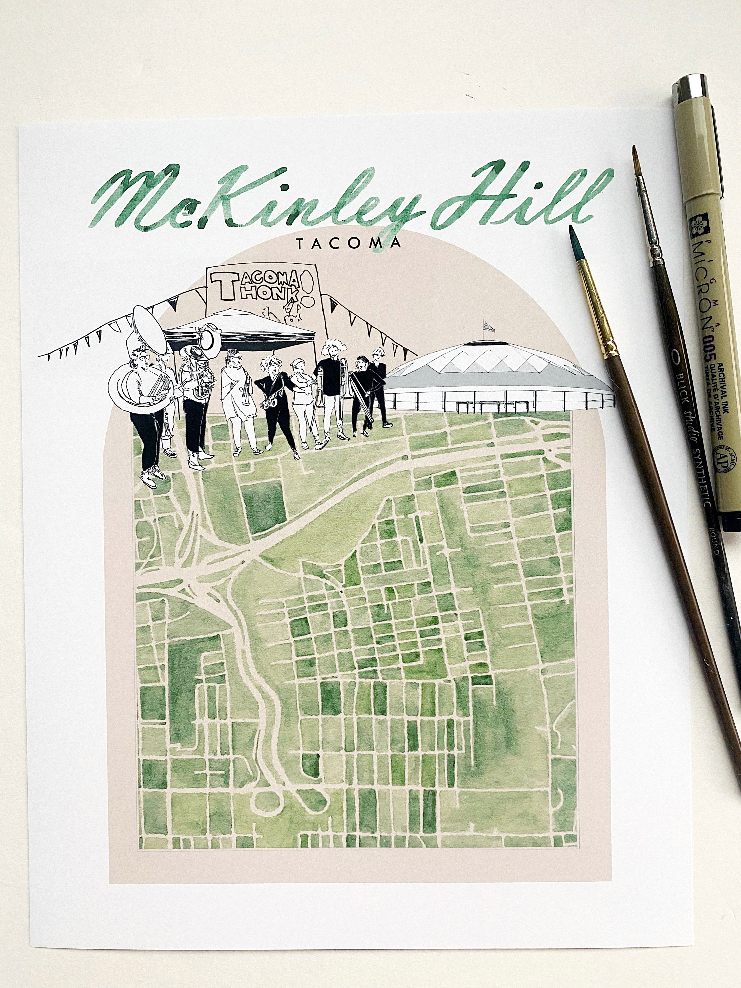 new MCKINLEY HILL TACOMA Neighborhood "Charms" Watercolor Map: PRINT