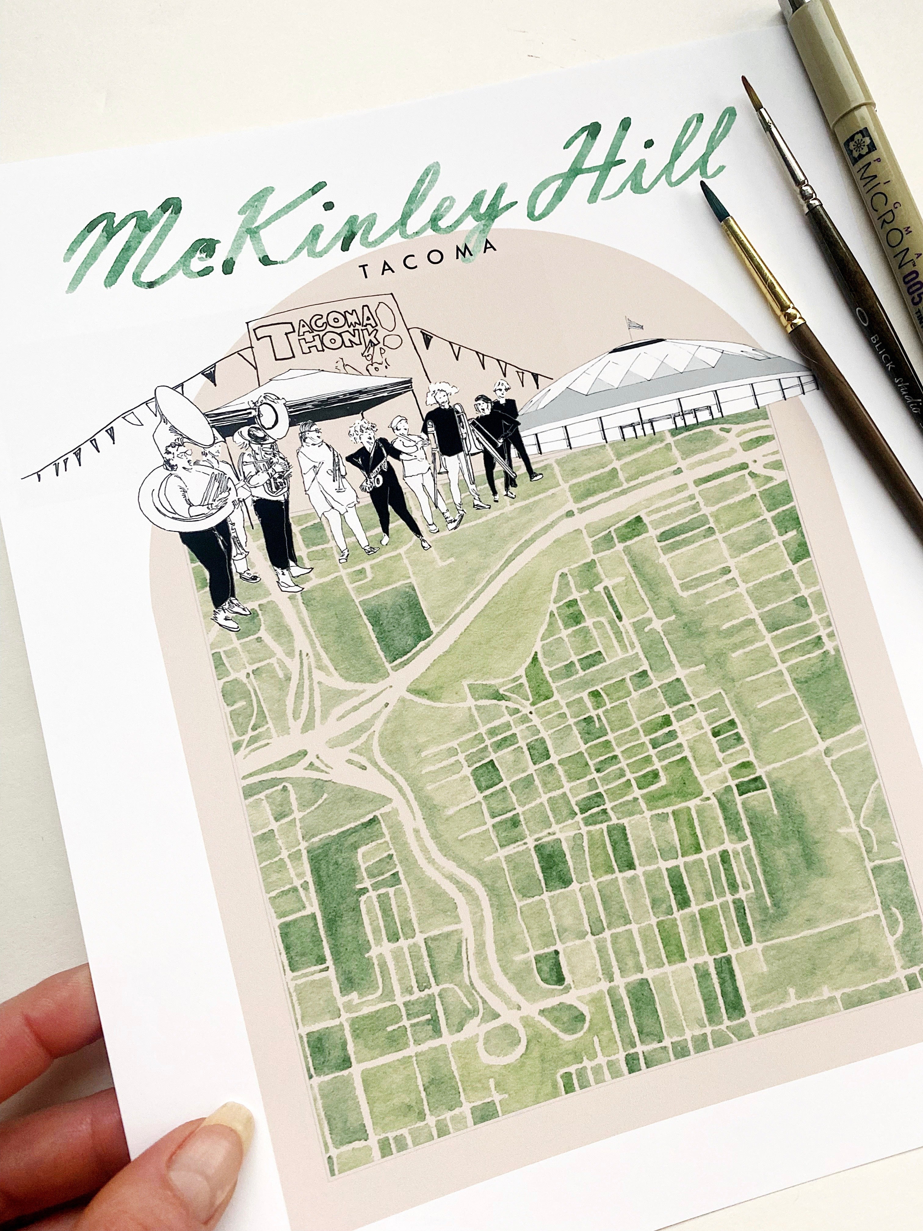 new MCKINLEY HILL TACOMA Neighborhood "Charms" Watercolor Map: PRINT