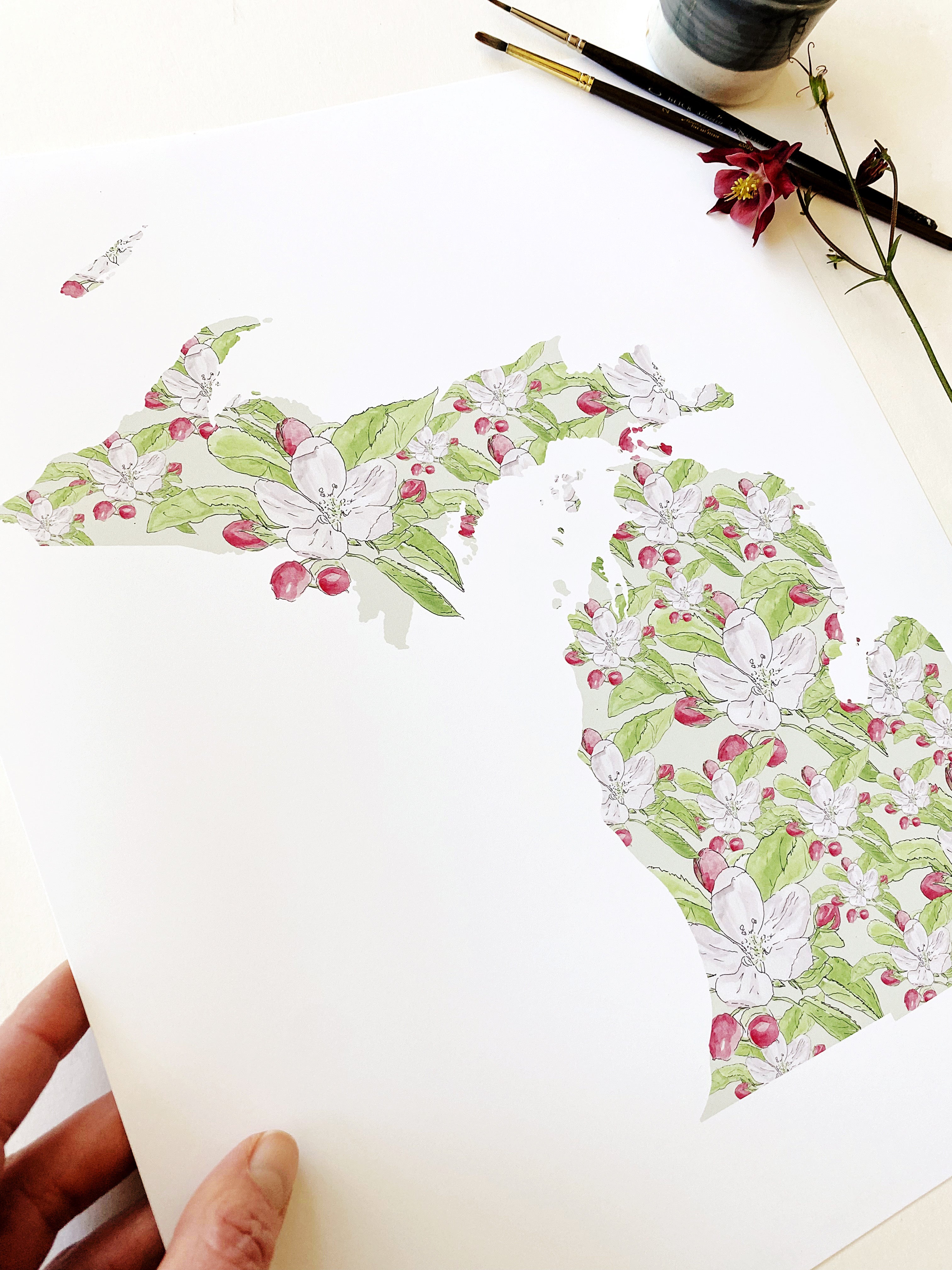 MICHIGAN State Flower Map: Apple Blossom: PRINT