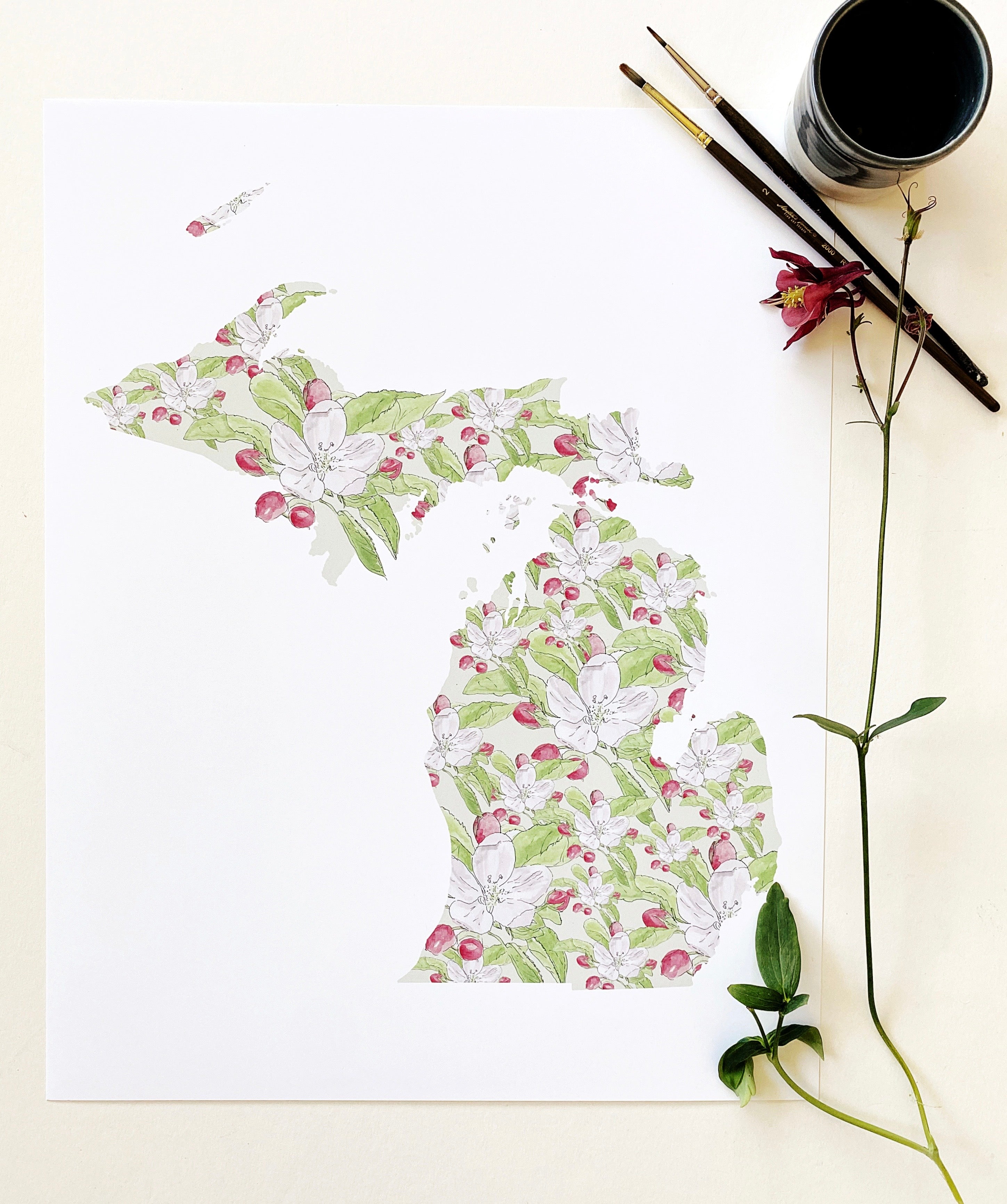MICHIGAN State Flower Map: Apple Blossom: PRINT