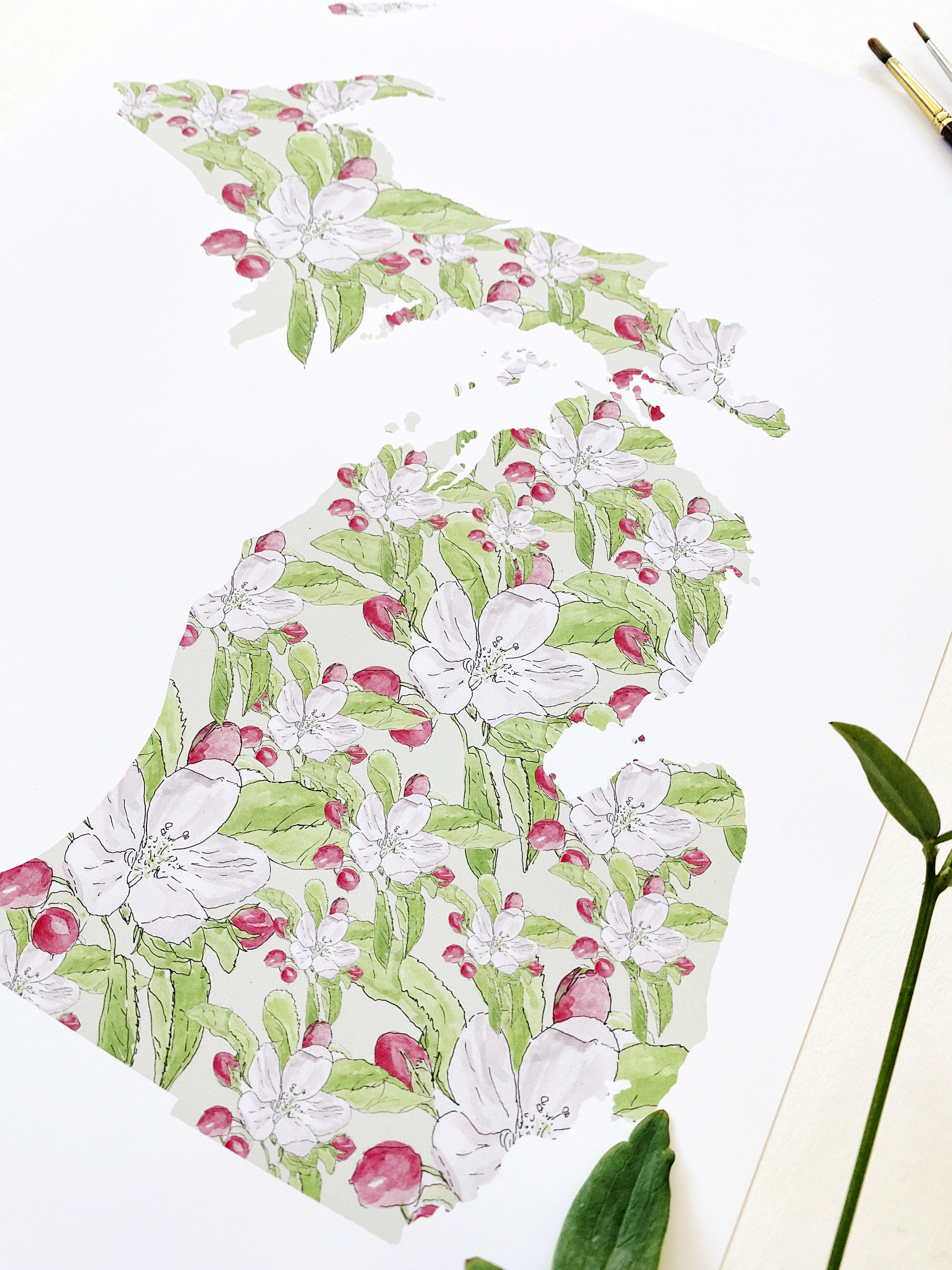 MICHIGAN State Flower Map: Apple Blossom: PRINT