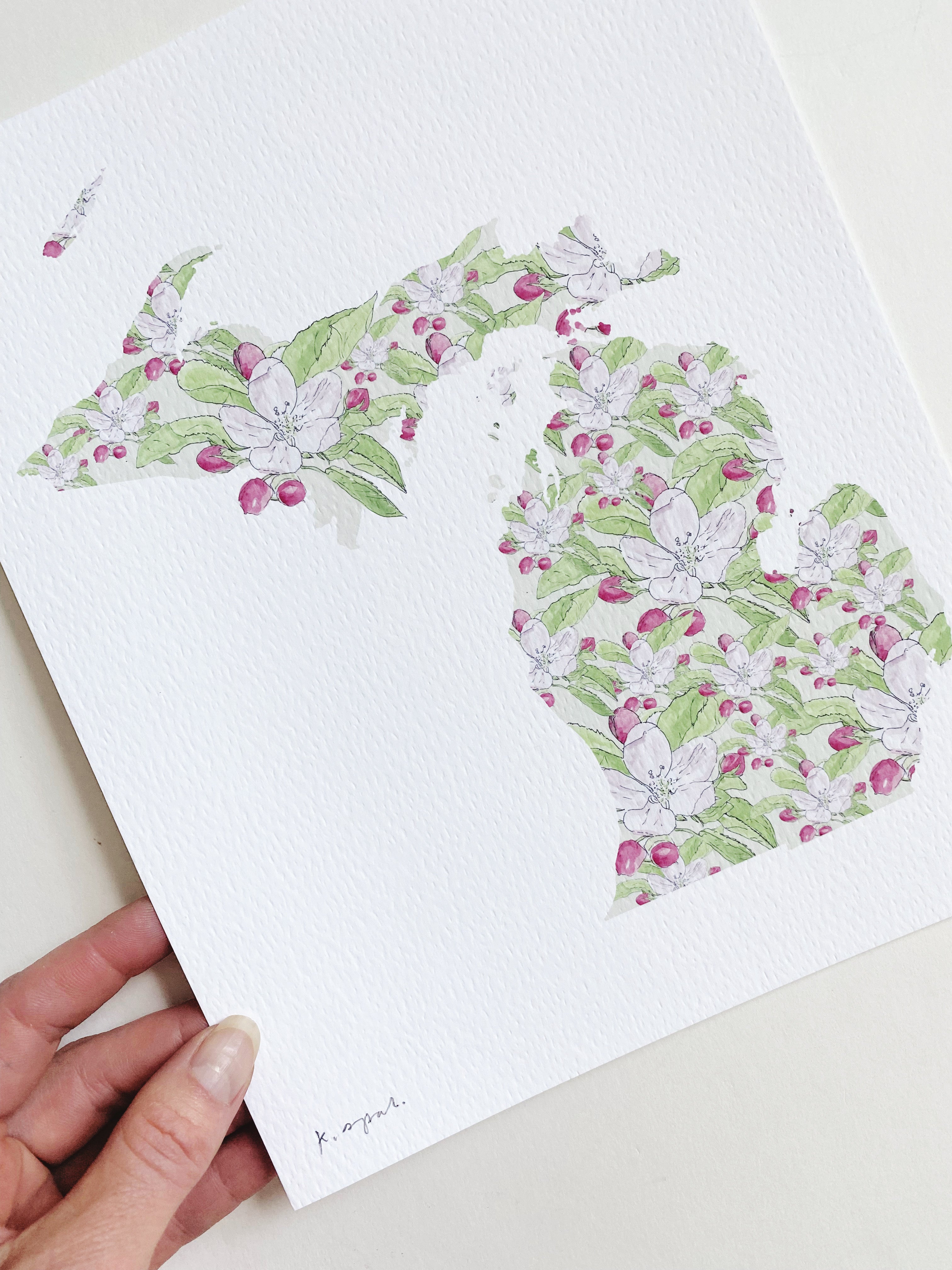 MICHIGAN State Flower Map: Apple Blossom: PRINT