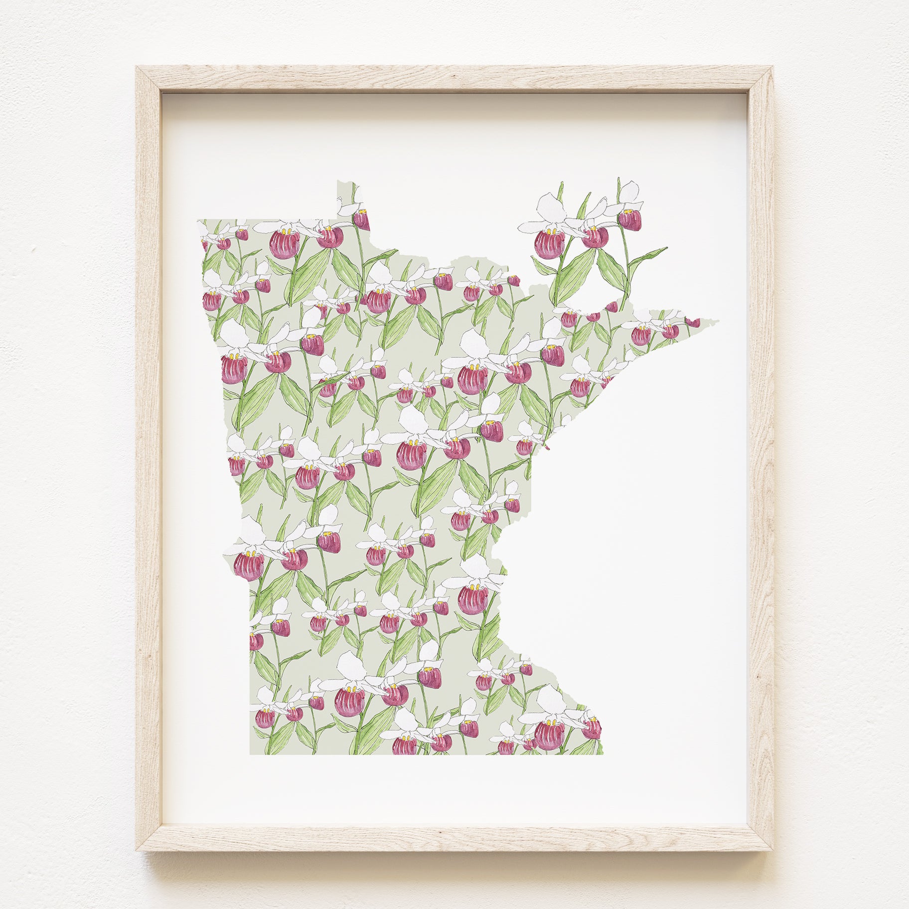 MINNESOTA State Flower Map: Pink White Ladys Slipper: PRINT