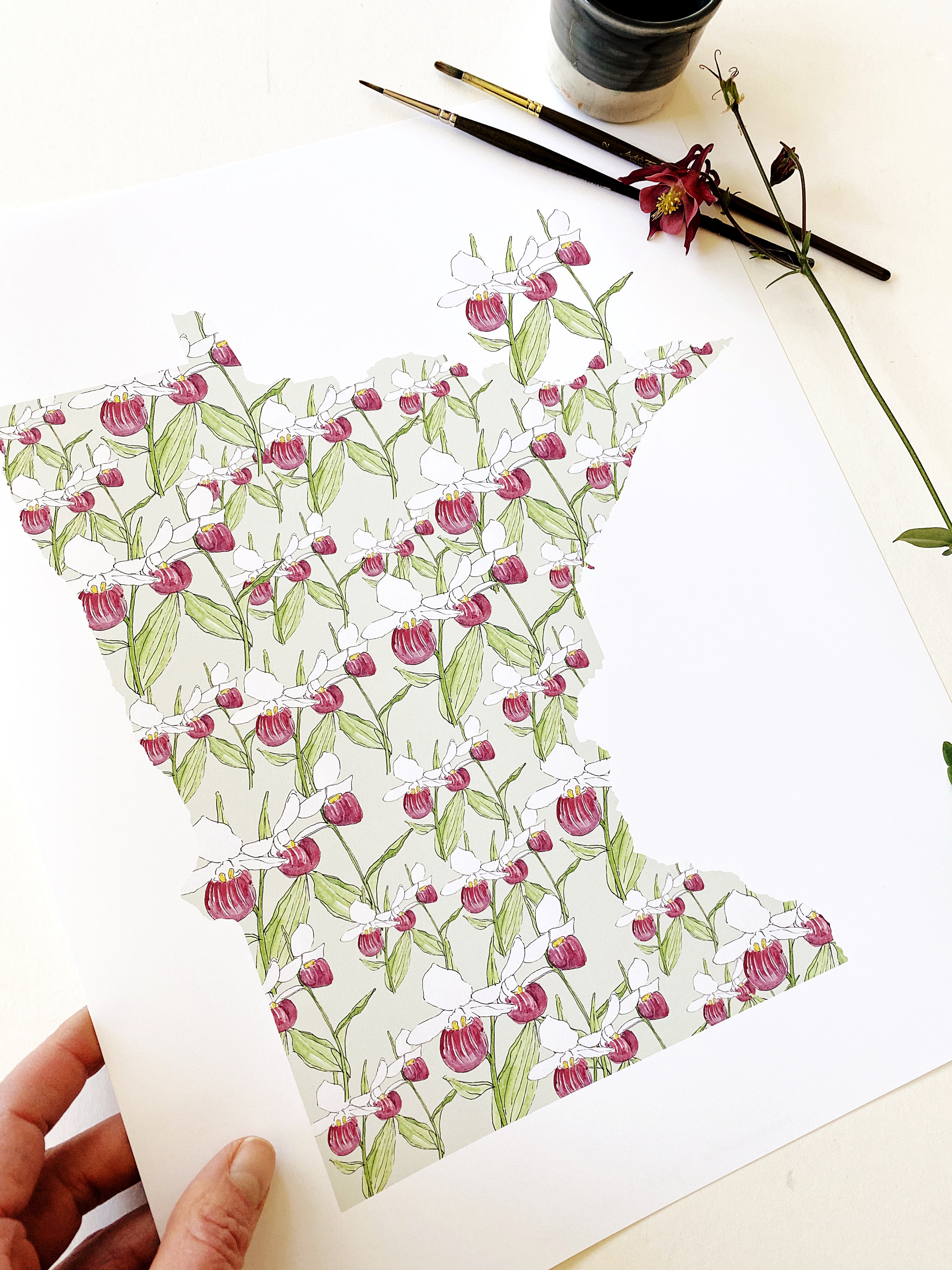 MINNESOTA State Flower Map: Pink White Ladys Slipper: PRINT
