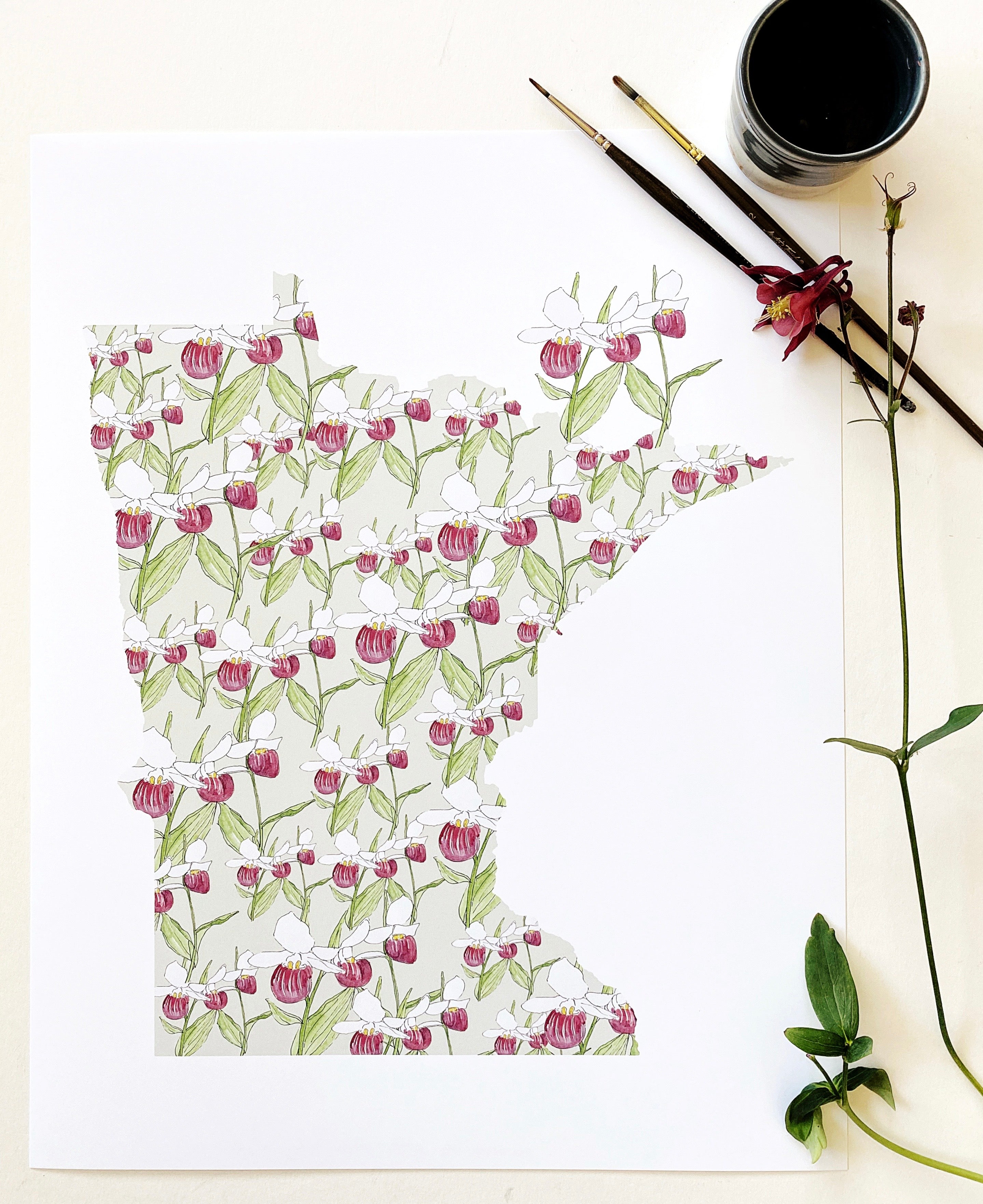 MINNESOTA State Flower Map: Pink White Ladys Slipper: PRINT