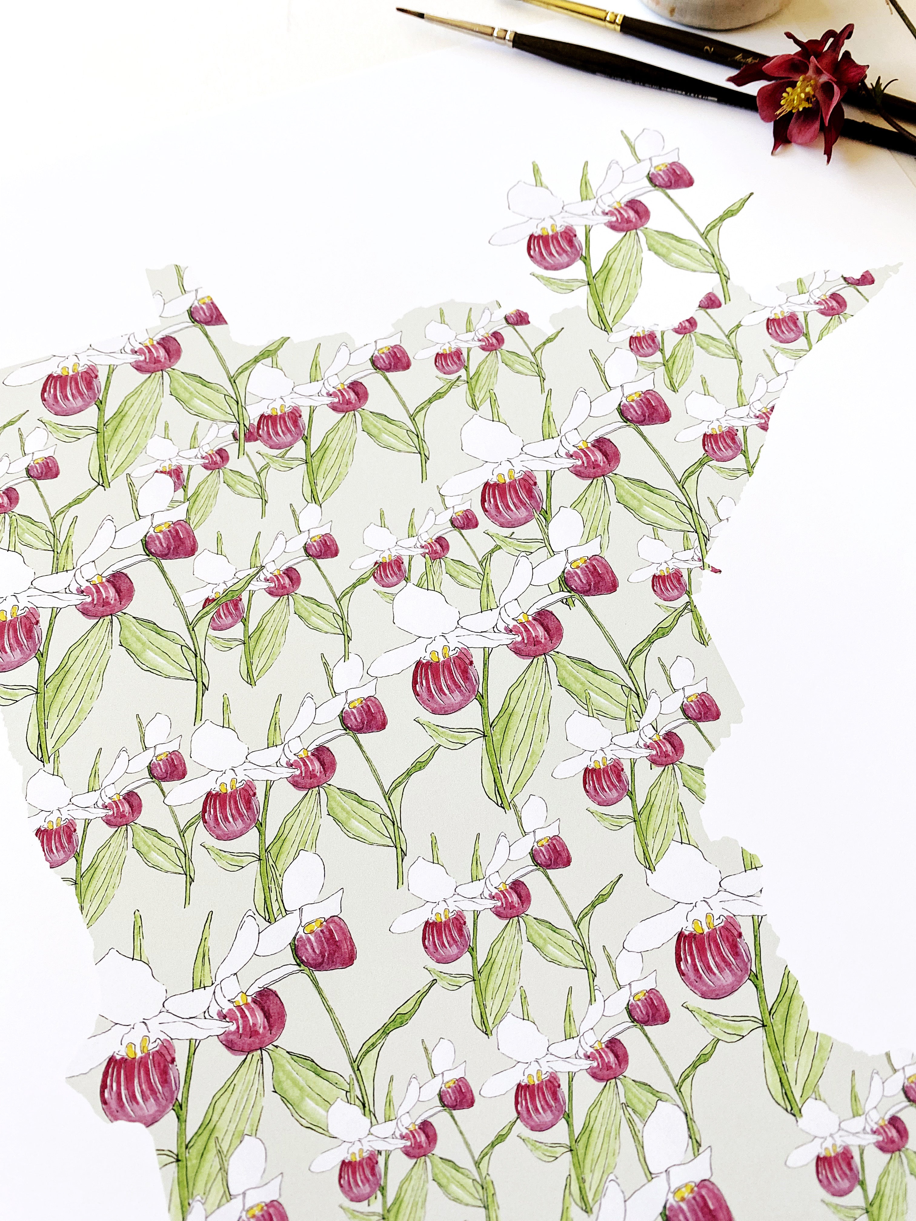MINNESOTA State Flower Map: Pink White Ladys Slipper: PRINT