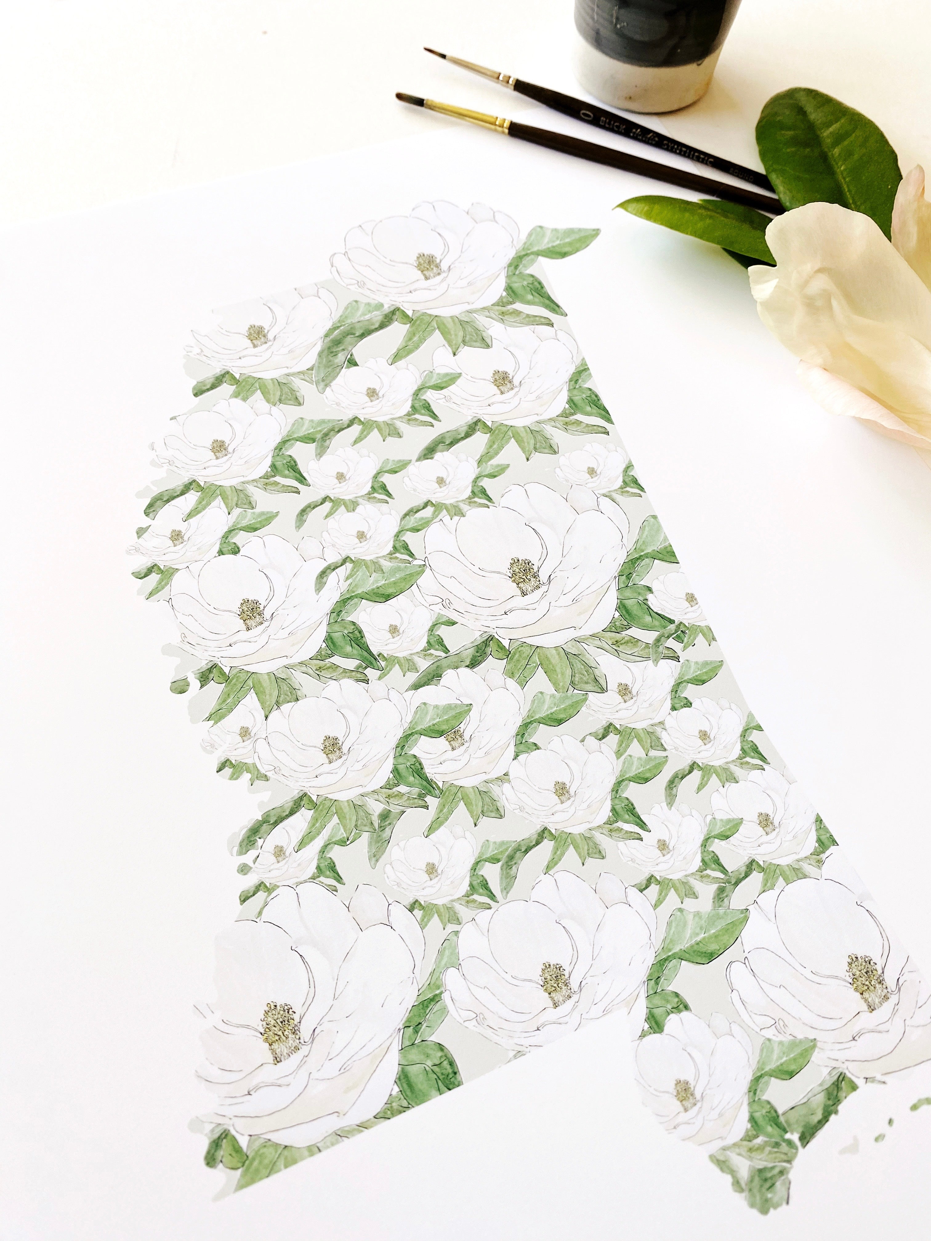 MISSISSIPPI State Flower Map: Magnolia: PRINT