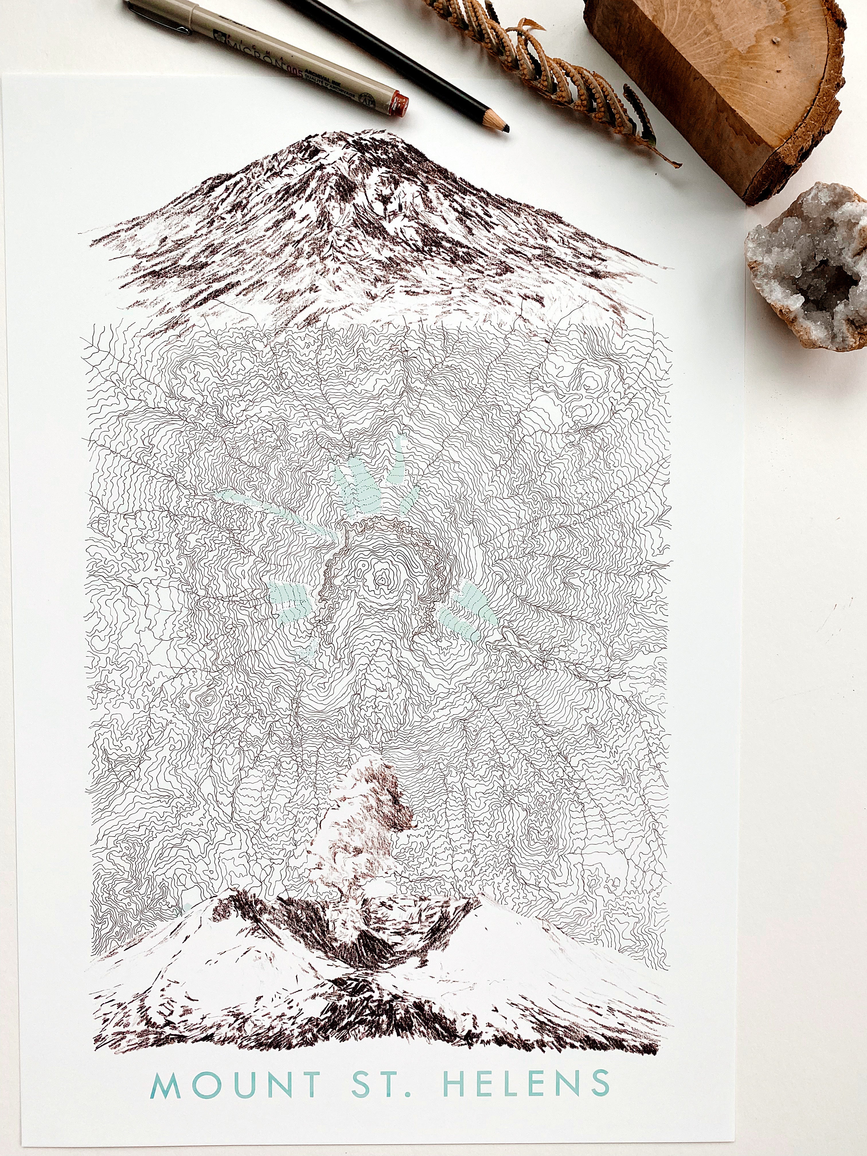 Mount ST HELENS Washington Topo Map + Mountain Sketches: PRINT