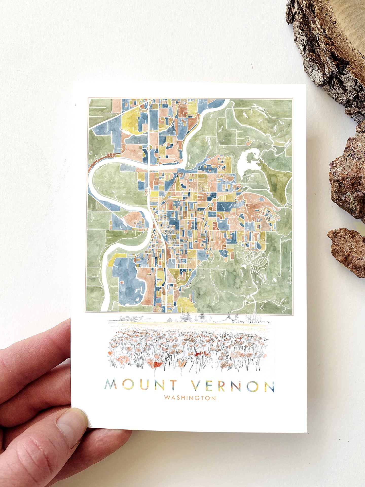 ColorFULL MOUNT VERNON Washington Watercolor Map Postcard