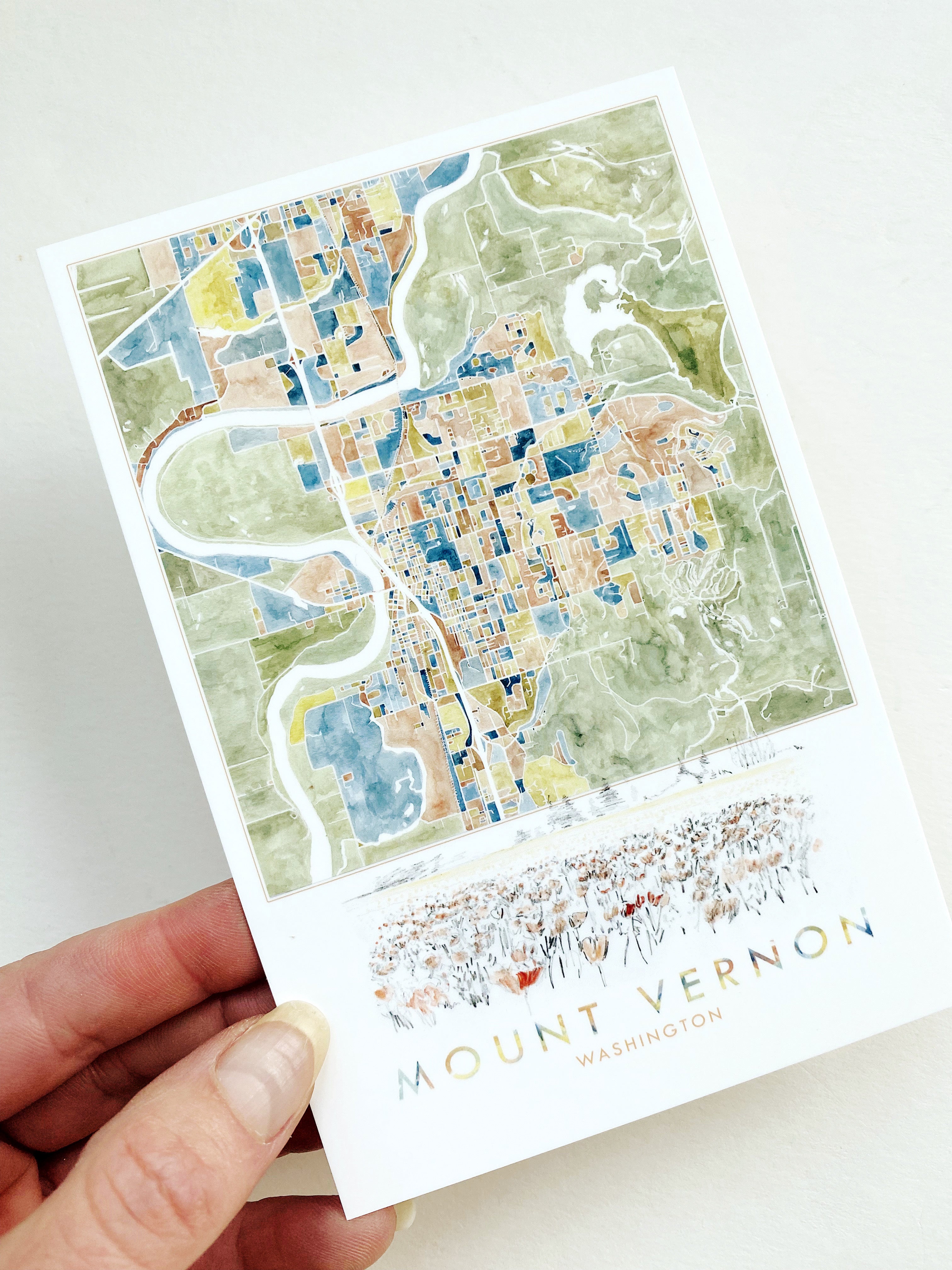 ColorFULL MOUNT VERNON Washington Watercolor Map Postcard
