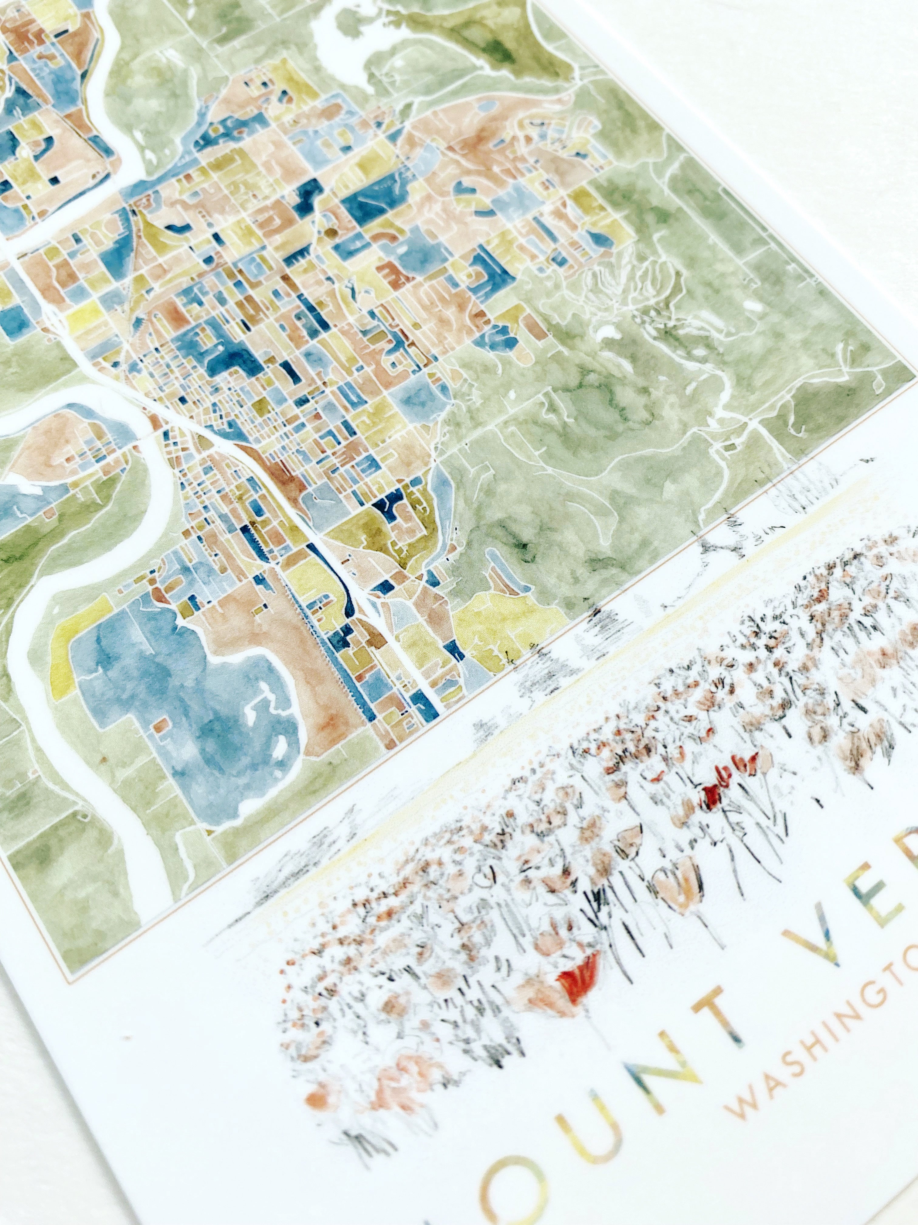 ColorFULL MOUNT VERNON Washington Watercolor Map Postcard