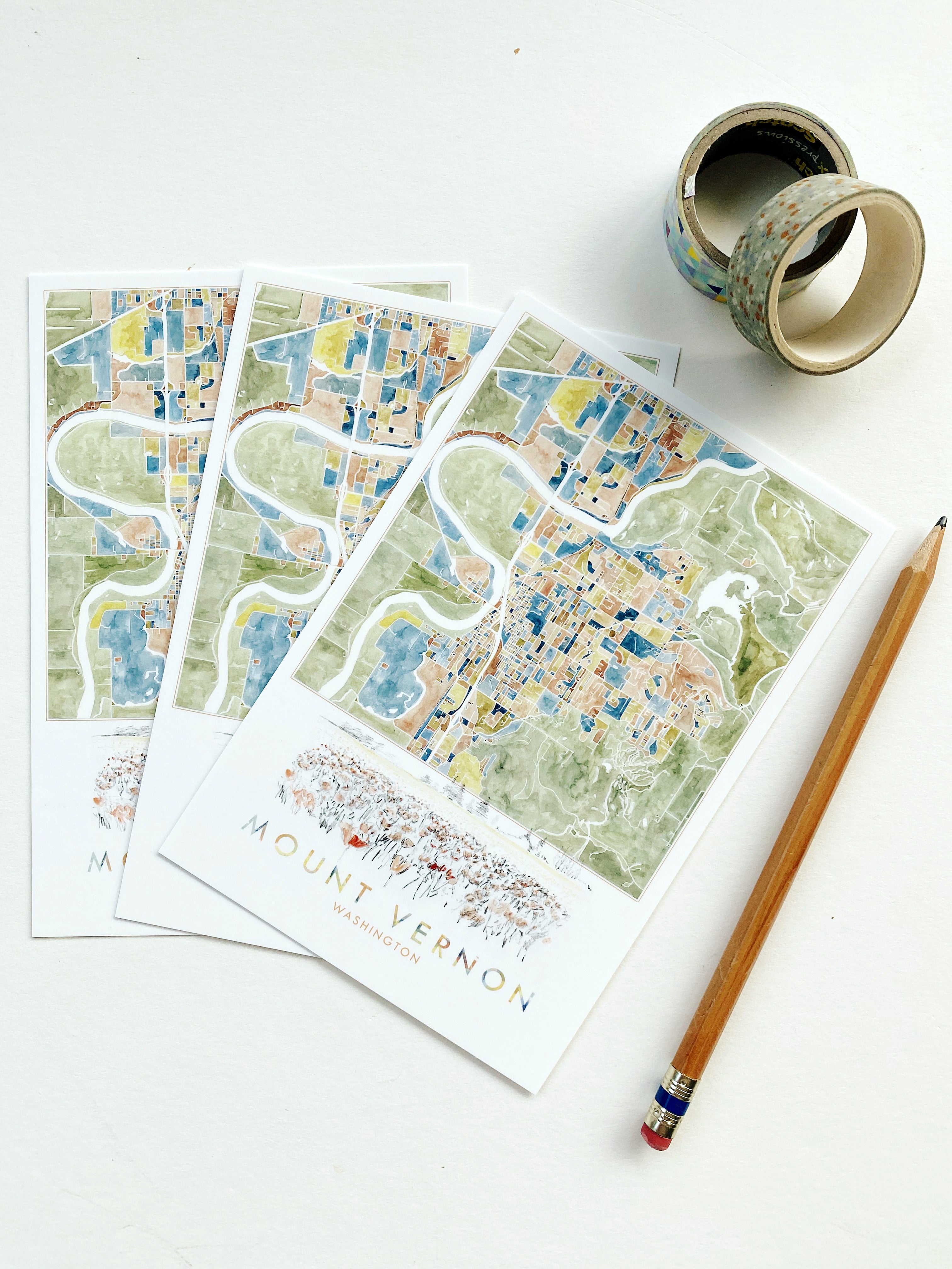 ColorFULL MOUNT VERNON Washington Watercolor Map Postcard
