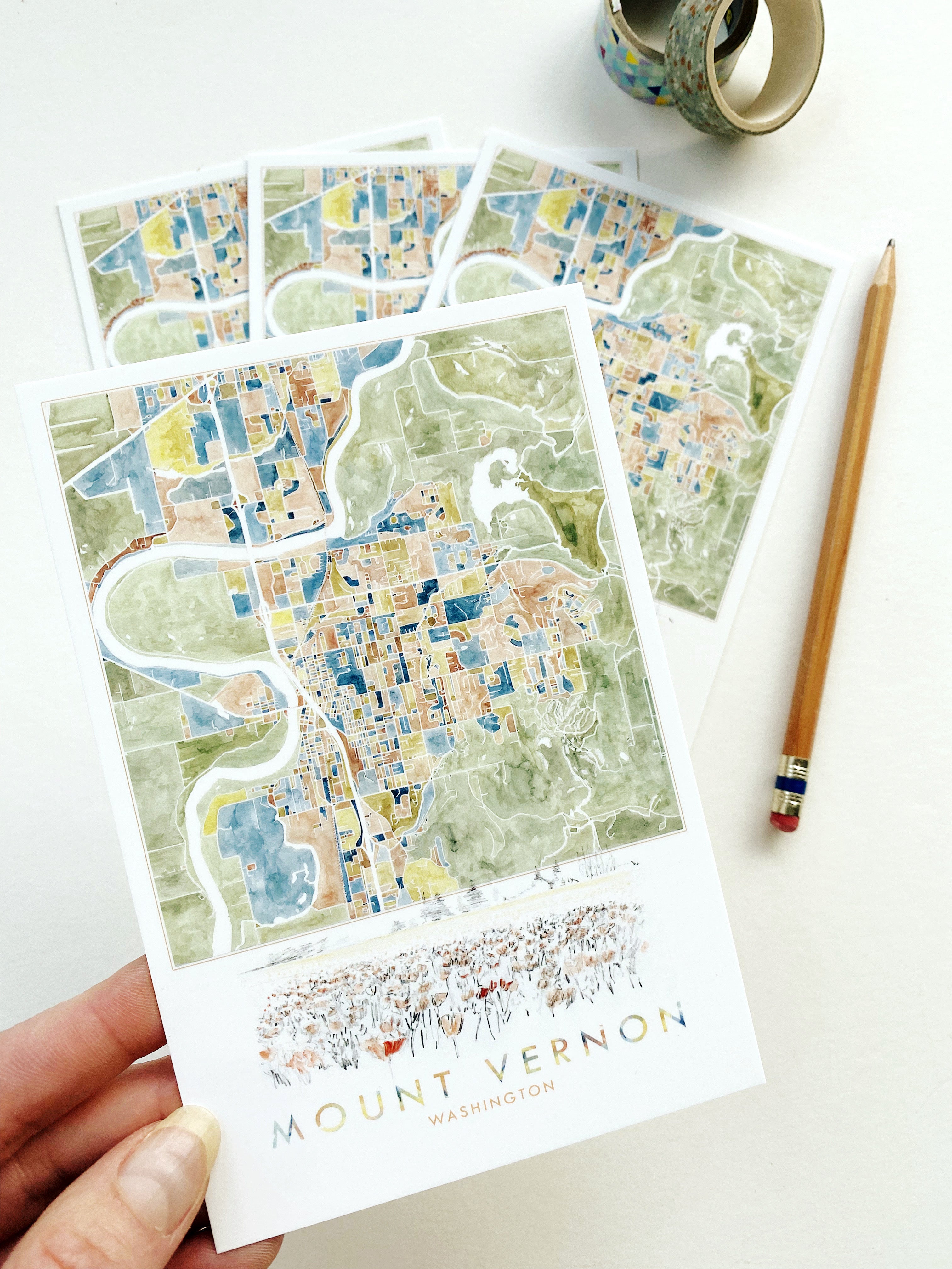 ColorFULL MOUNT VERNON Washington Watercolor Map Postcard