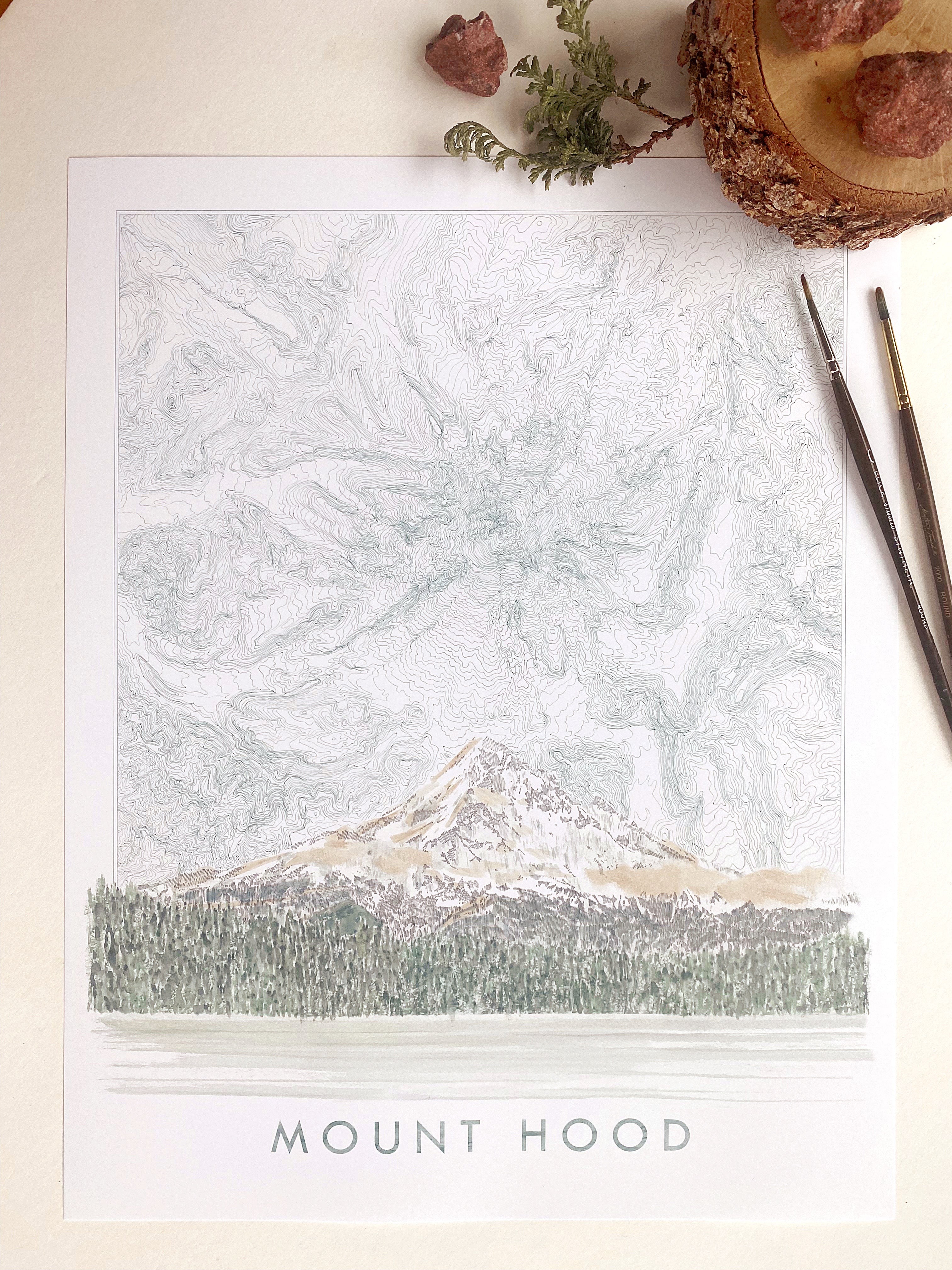 MOUNT HOOD Wy'East Oregon Topographical Map Drawing + Mountain Painting: PRINT