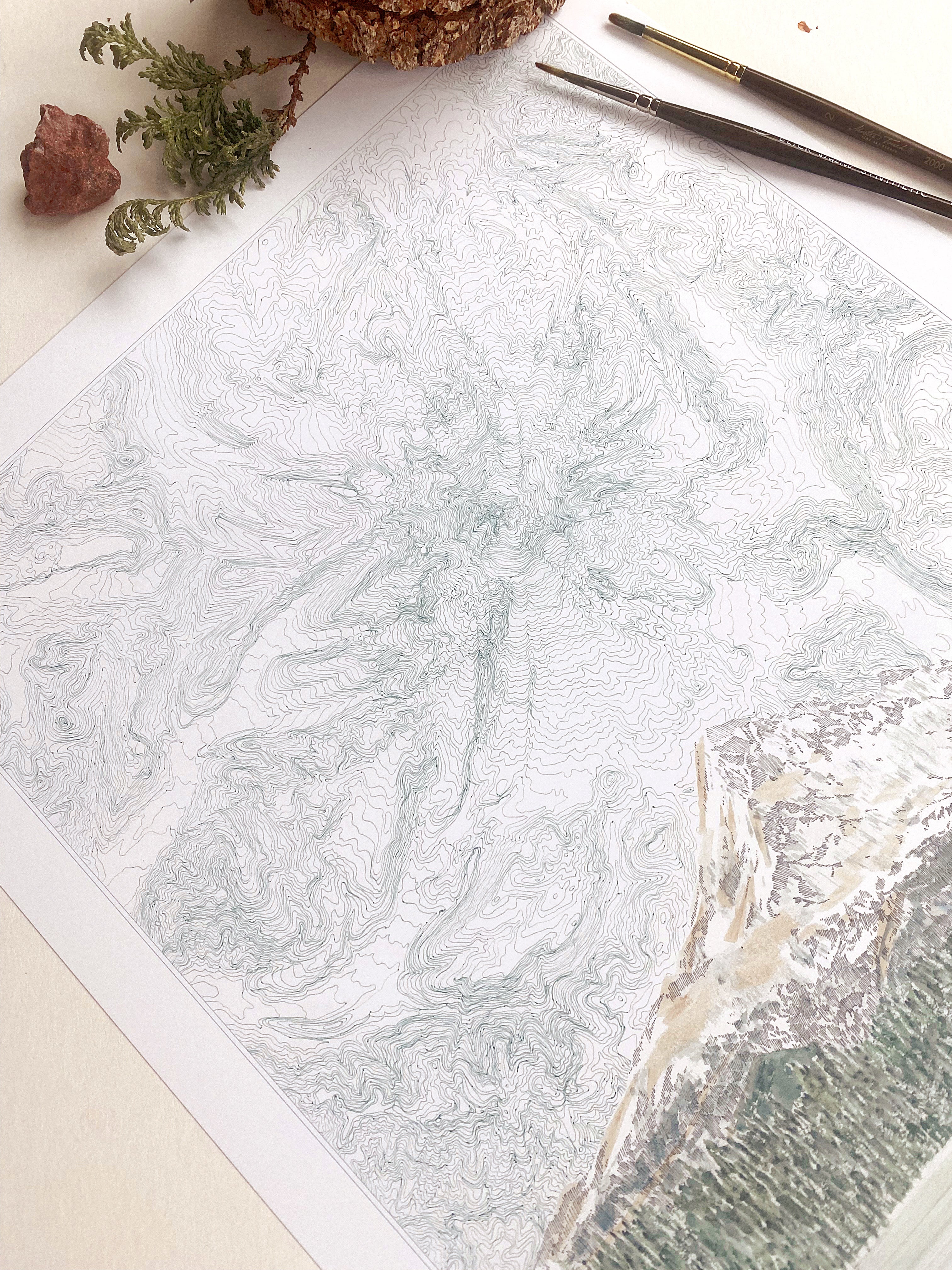 MOUNT HOOD Wy'East Oregon Topographical Map Drawing + Mountain Painting: PRINT
