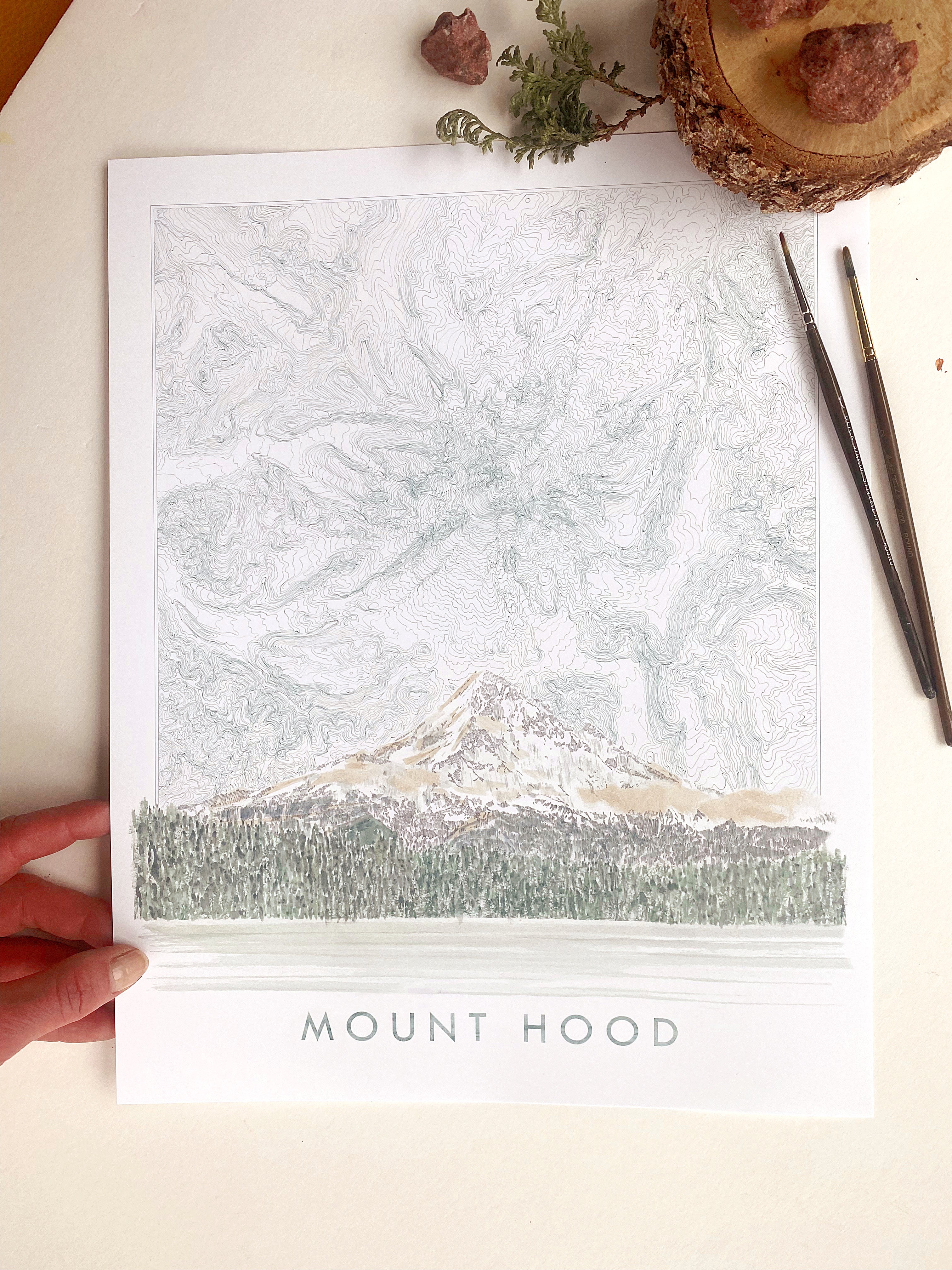 MOUNT HOOD Wy'East Oregon Topographical Map Drawing + Mountain Painting: PRINT