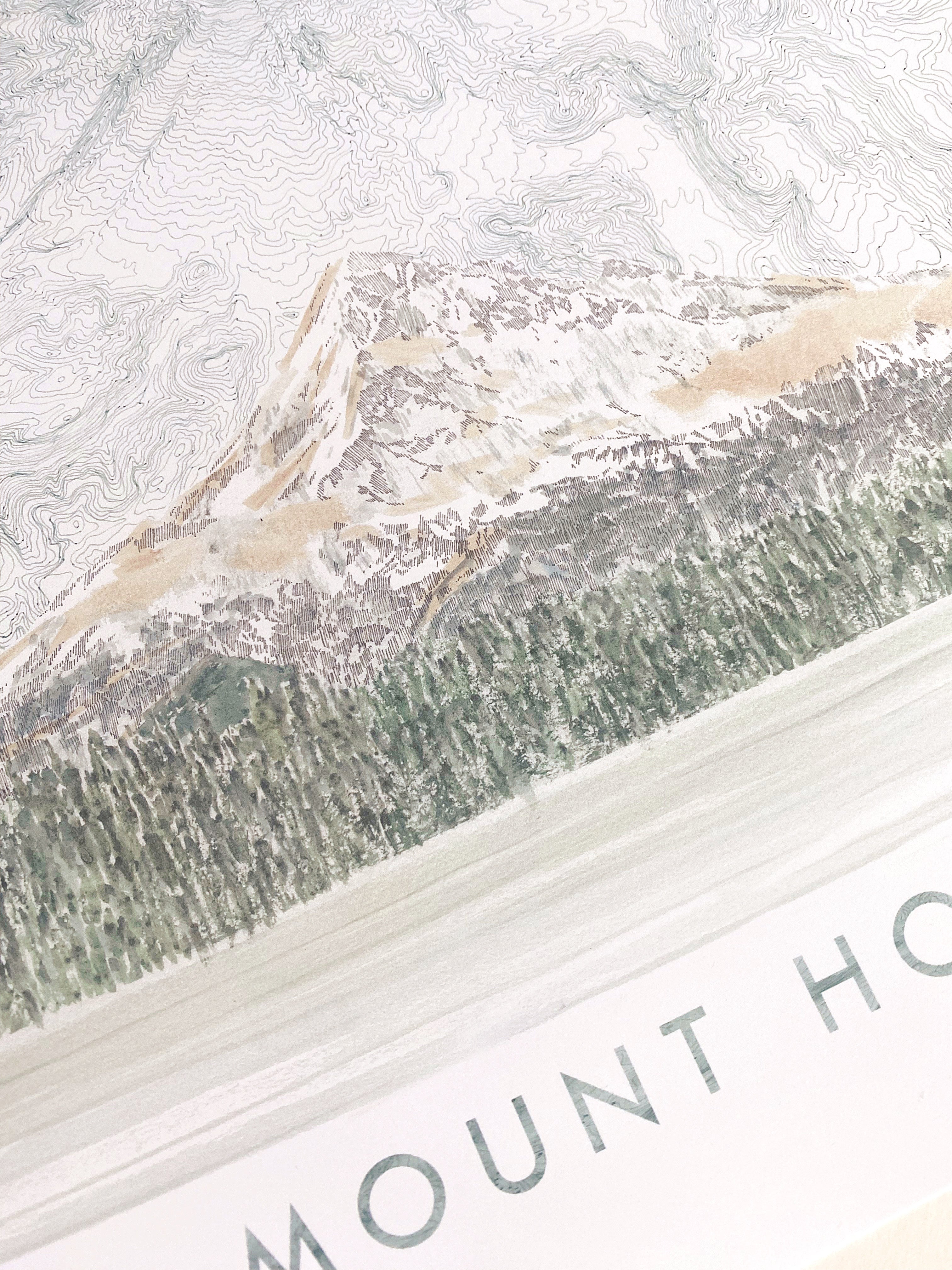 MOUNT HOOD Wy'East Oregon Topographical Map Drawing + Mountain Painting: PRINT