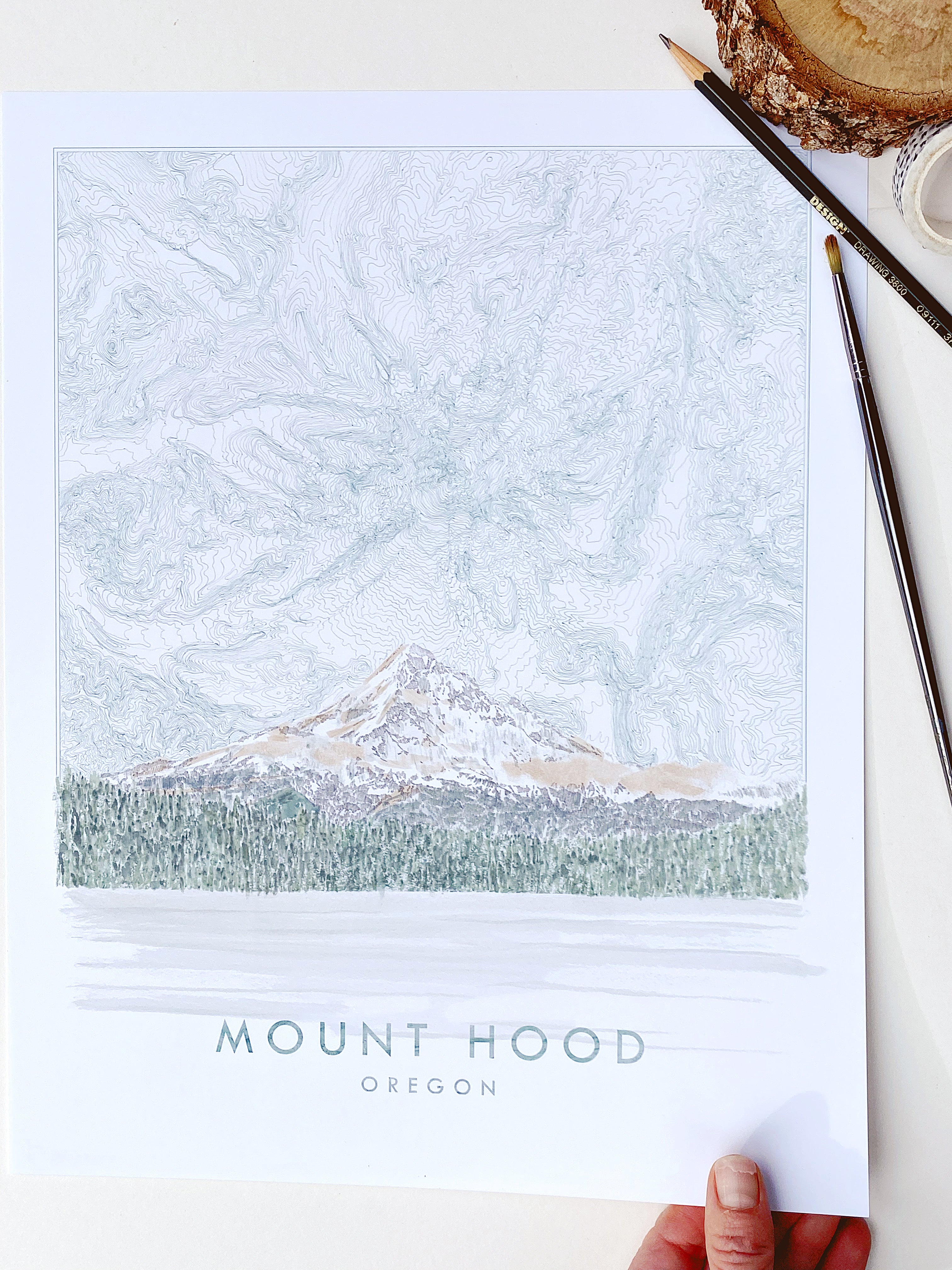 MOUNT HOOD Wy'East Oregon Topographical Map Drawing + Mountain Painting: PRINT