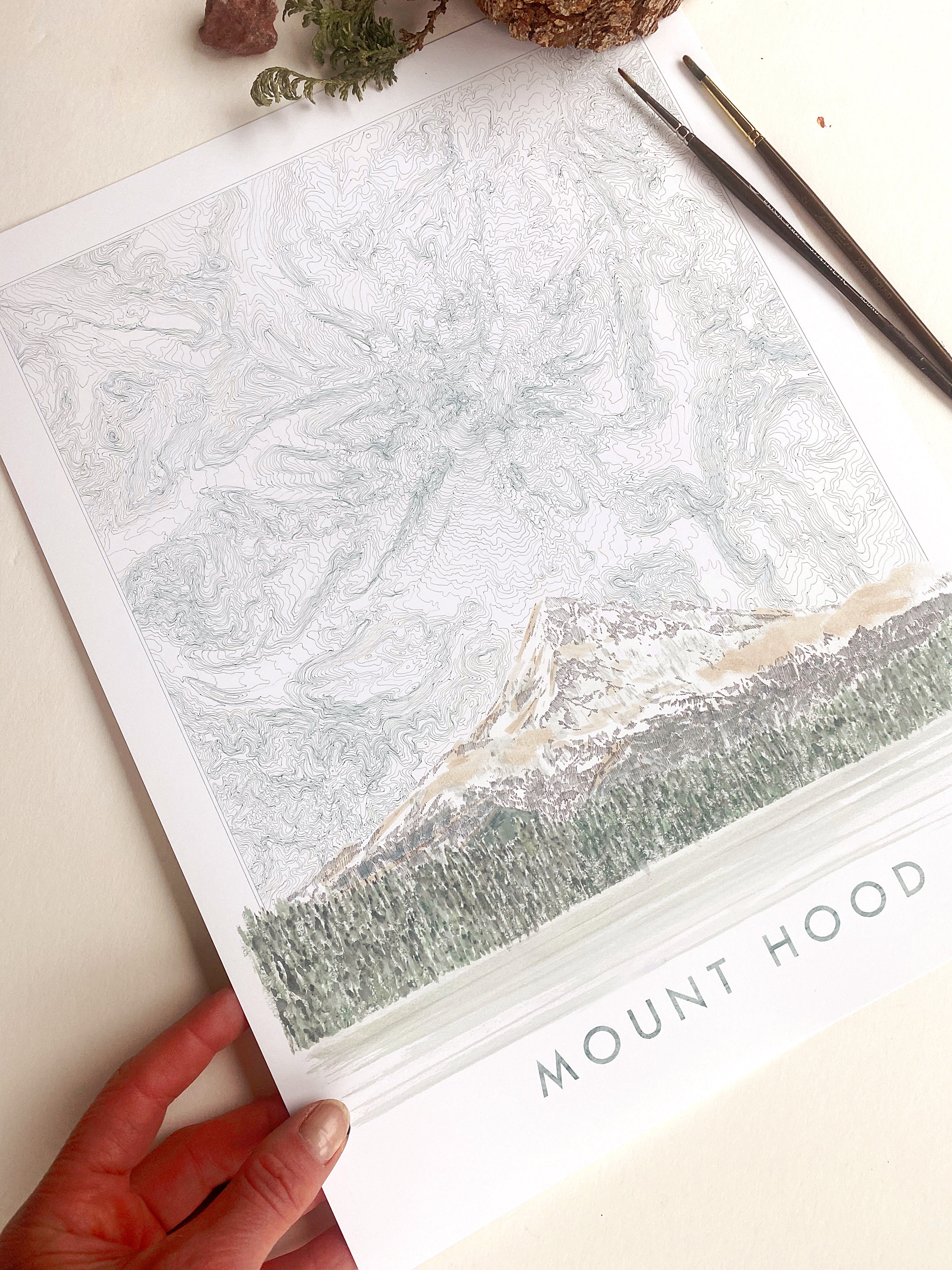 MOUNT HOOD Wy'East Oregon Topographical Map Drawing + Mountain Painting: PRINT