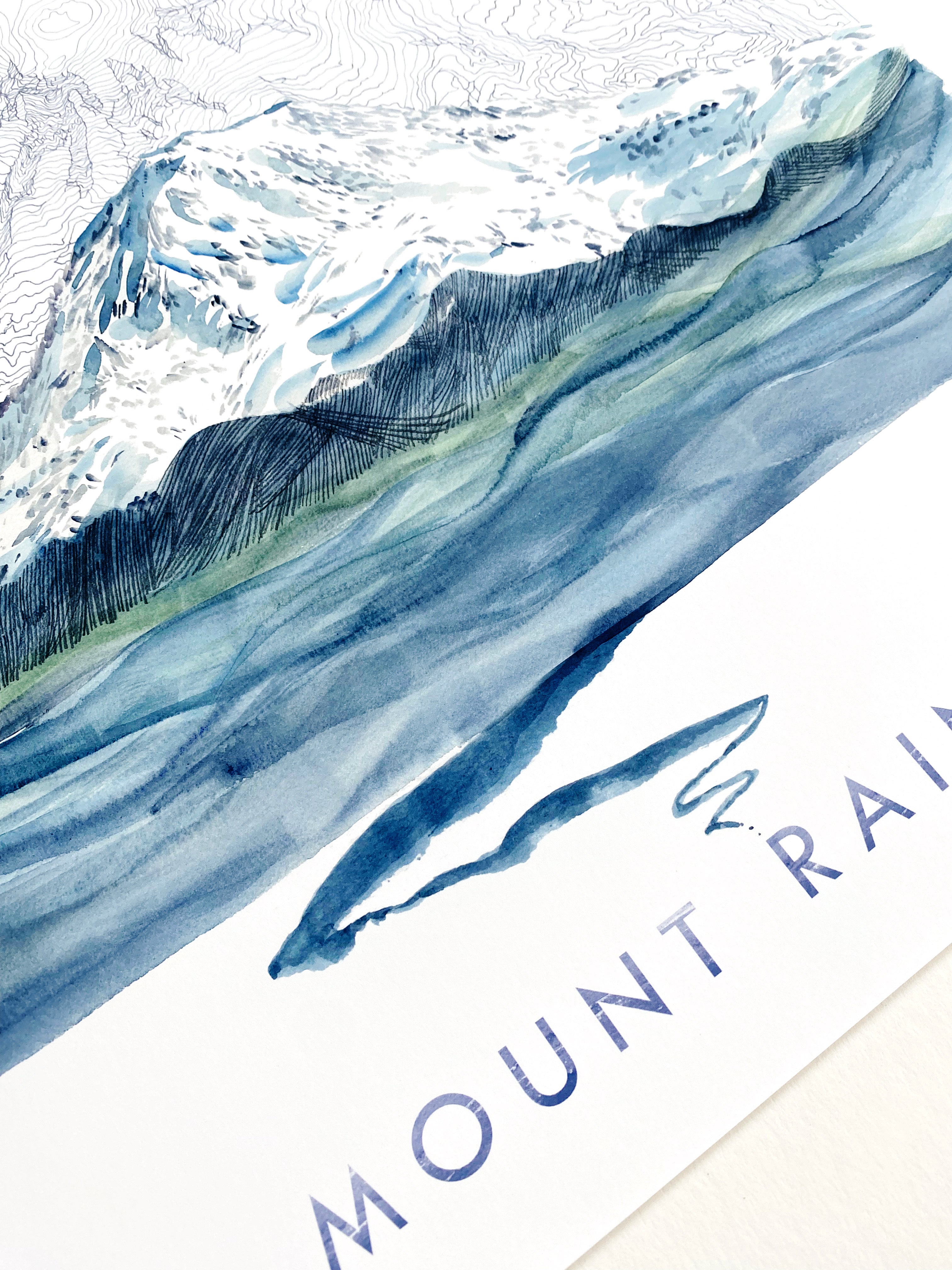 MOUNT RAINIER Tahoma Washington Topographical Map Drawing + Mountain + River Painting: Tall PRINT