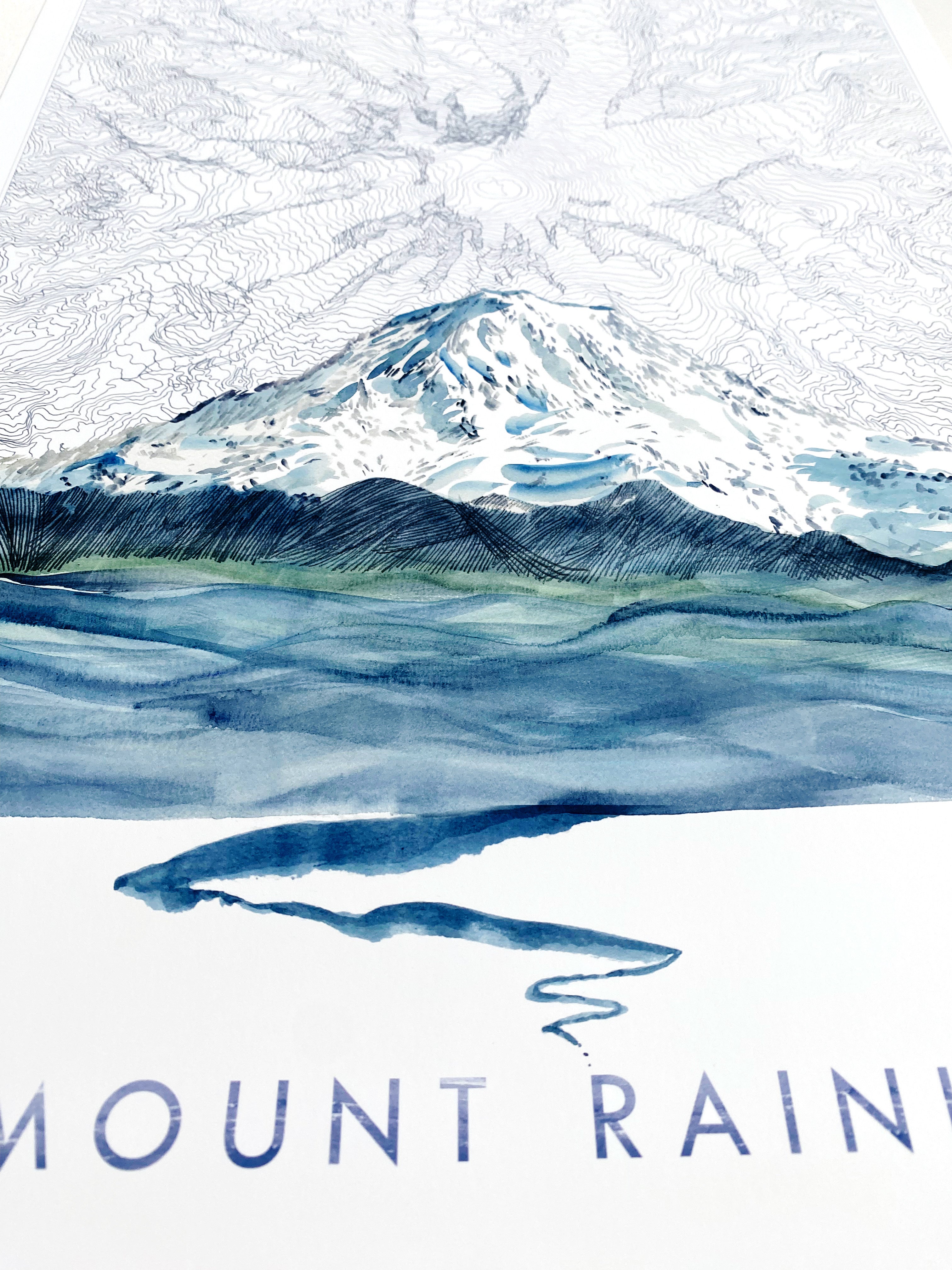 MOUNT RAINIER Tahoma Washington Topographical Map Drawing + Mountain + River Painting: Tall PRINT