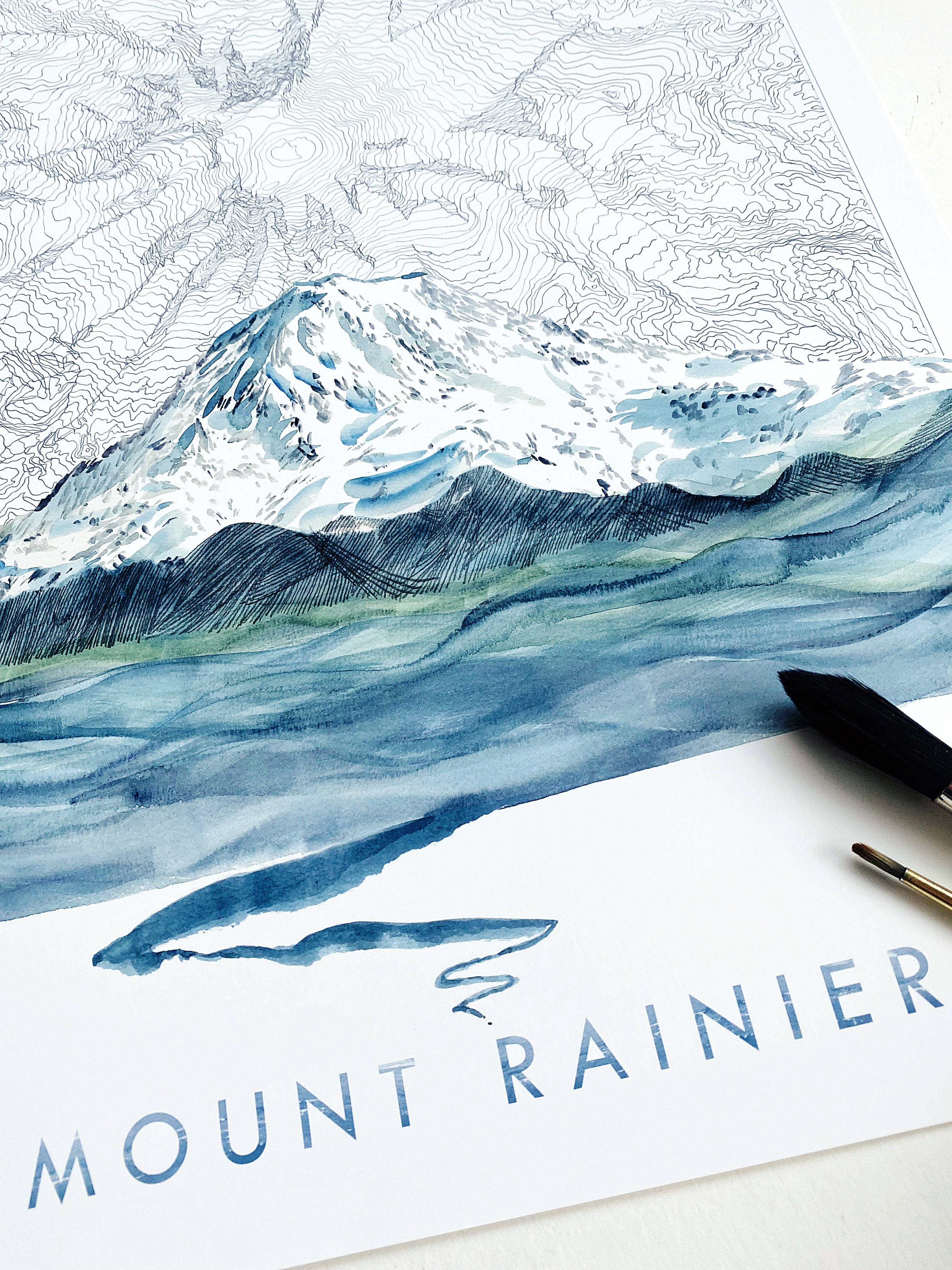 MOUNT RAINIER Tahoma Washington Topographical Map Drawing + Mountain + River Painting: Tall PRINT