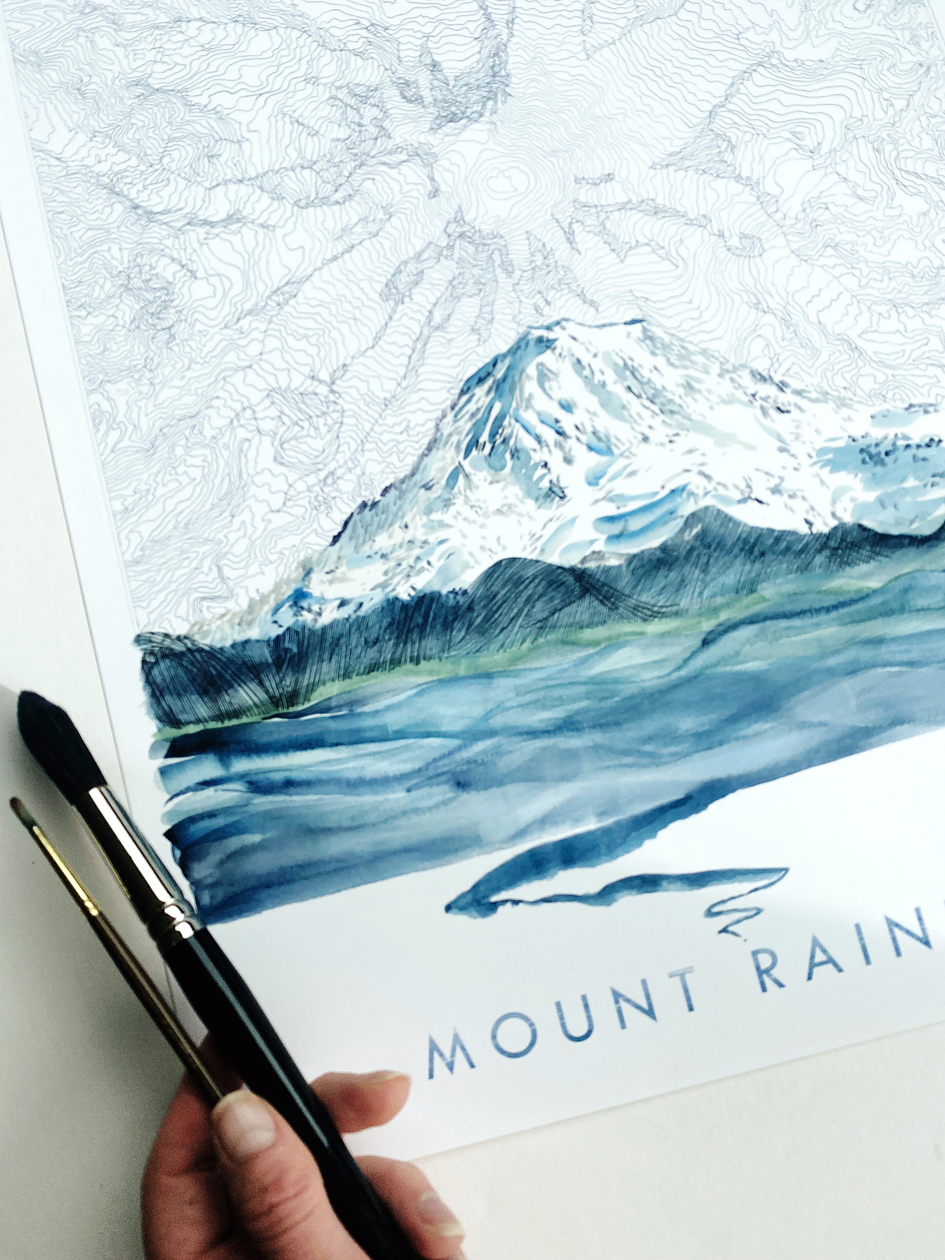 MOUNT RAINIER Tahoma Washington Topographical Map Drawing + Mountain + River Painting: Tall PRINT