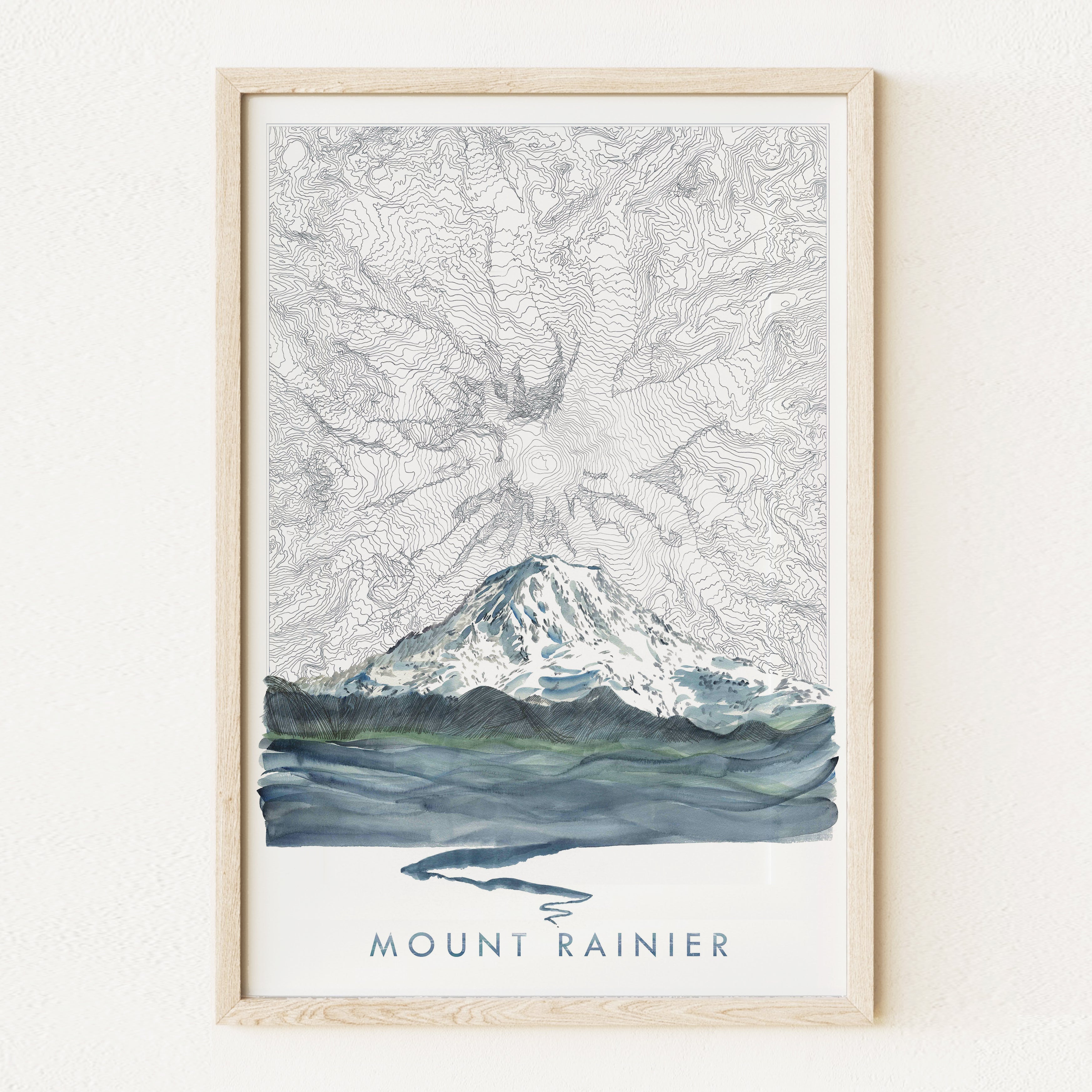 MOUNT RAINIER Tahoma Washington Topographical Map Drawing + Mountain + River Painting: Tall PRINT
