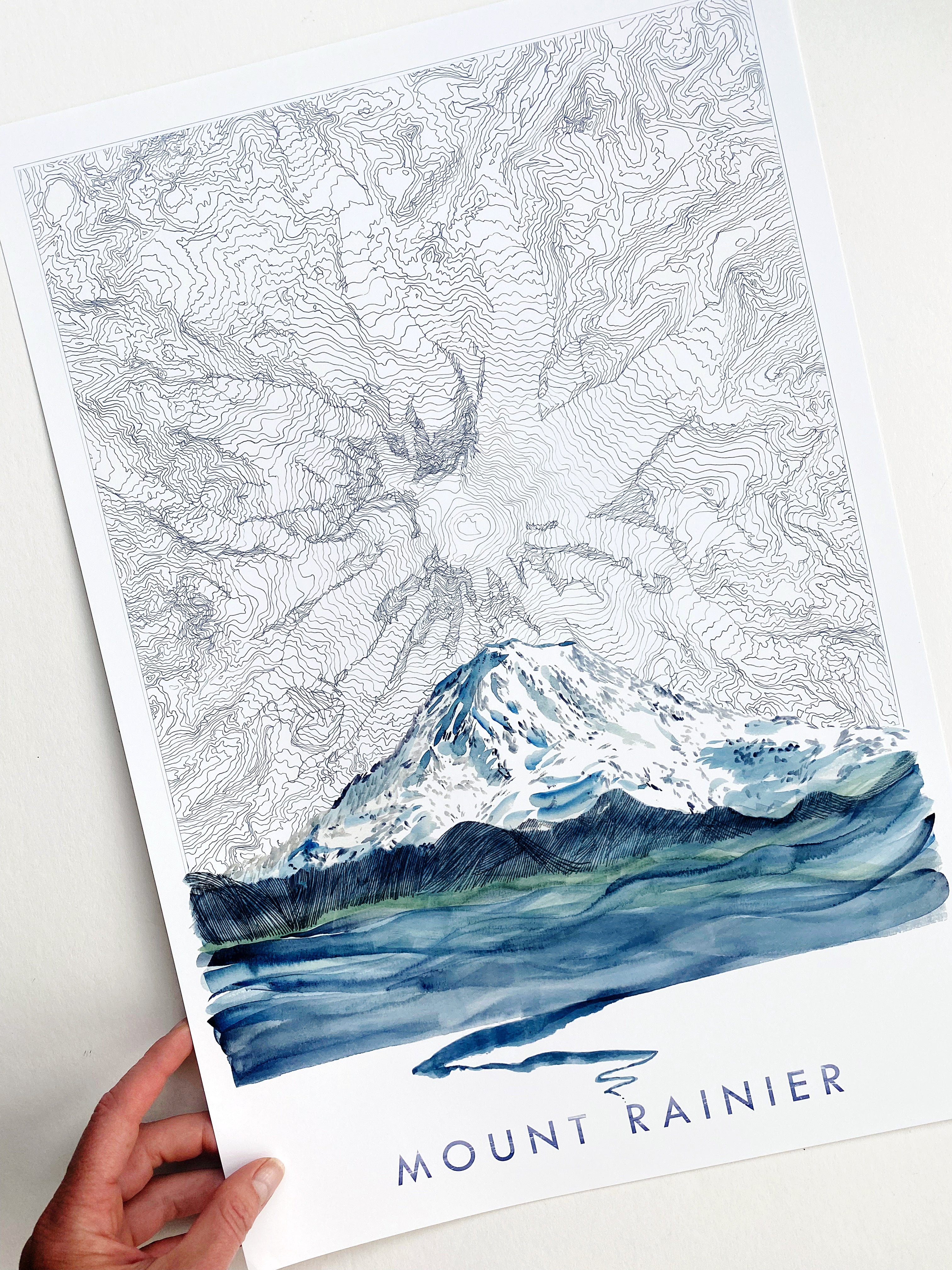 MOUNT RAINIER Tahoma Washington Topographical Map Drawing + Mountain + River Painting: Tall PRINT