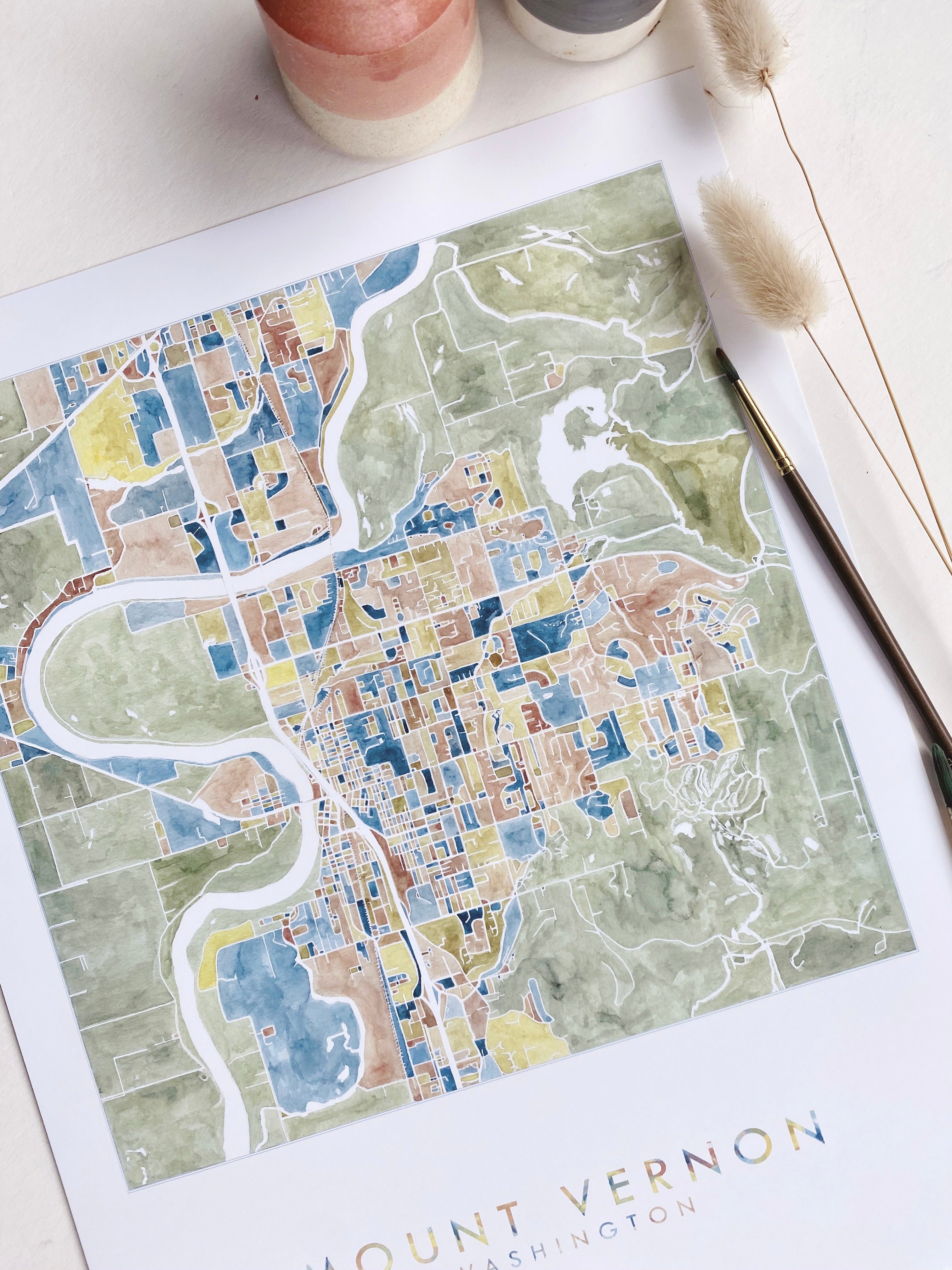 MOUNT VERNON Washington Watercolor City Blocks Map: PRINT