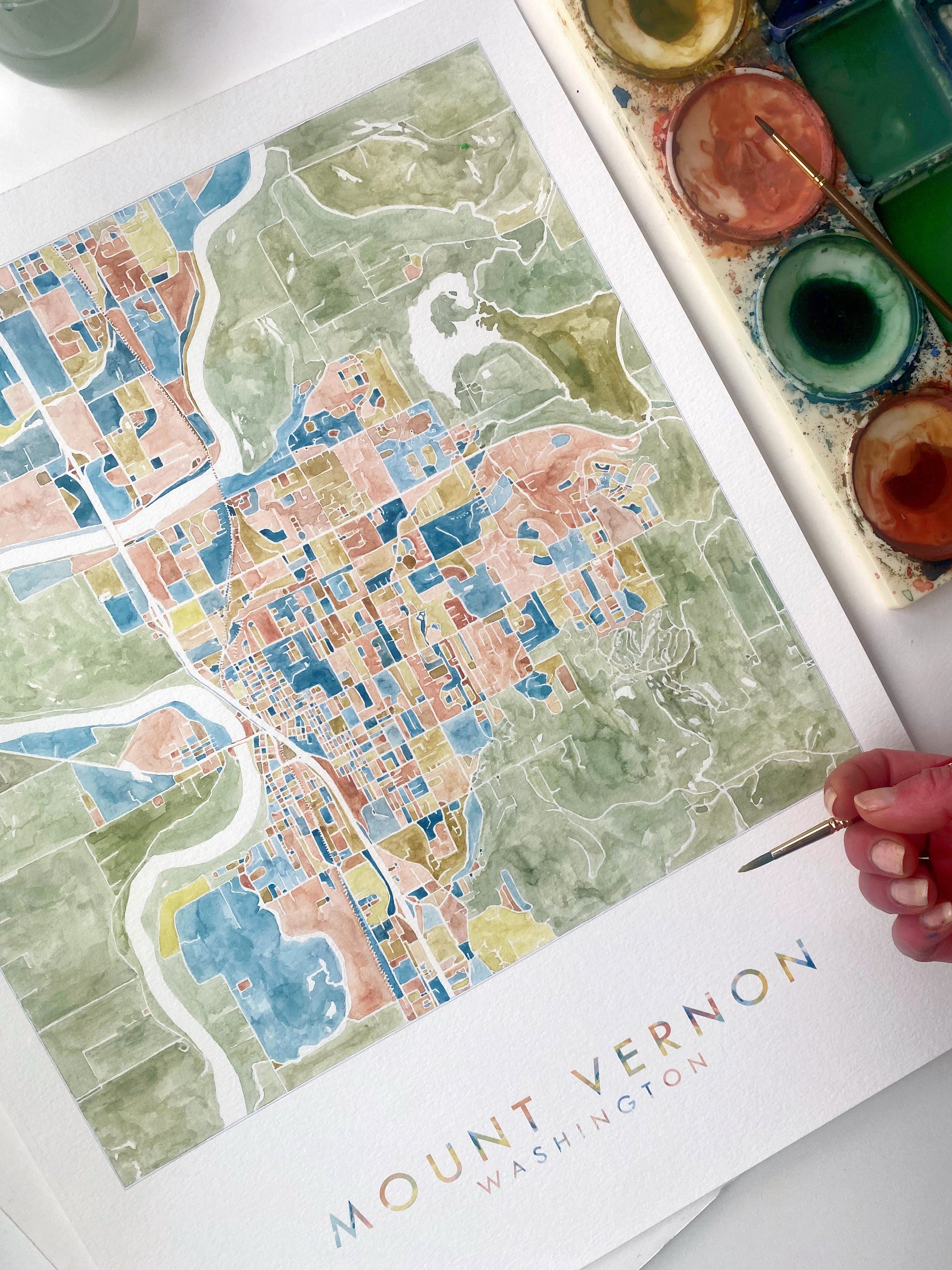 MOUNT VERNON Washington Watercolor City Blocks Map: ORIGINAL PAINTING