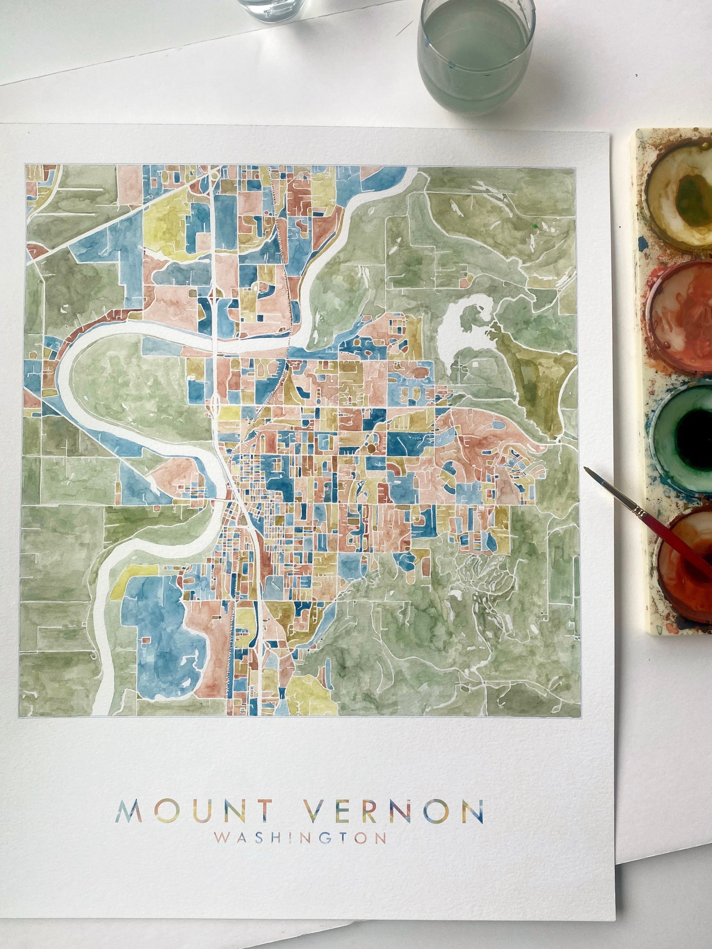MOUNT VERNON Washington Watercolor City Blocks Map: ORIGINAL PAINTING
