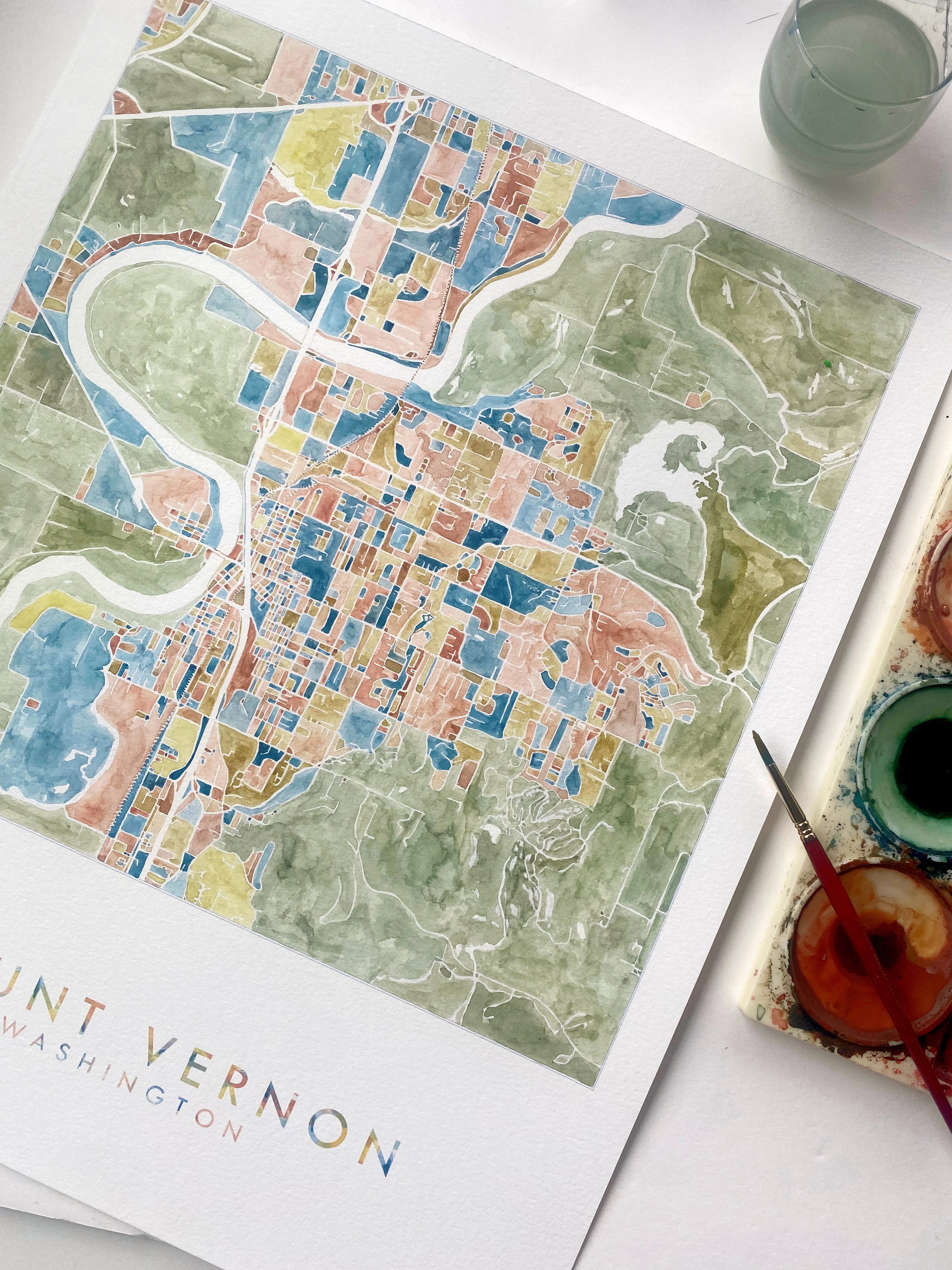 MOUNT VERNON Washington Watercolor City Blocks Map: ORIGINAL PAINTING