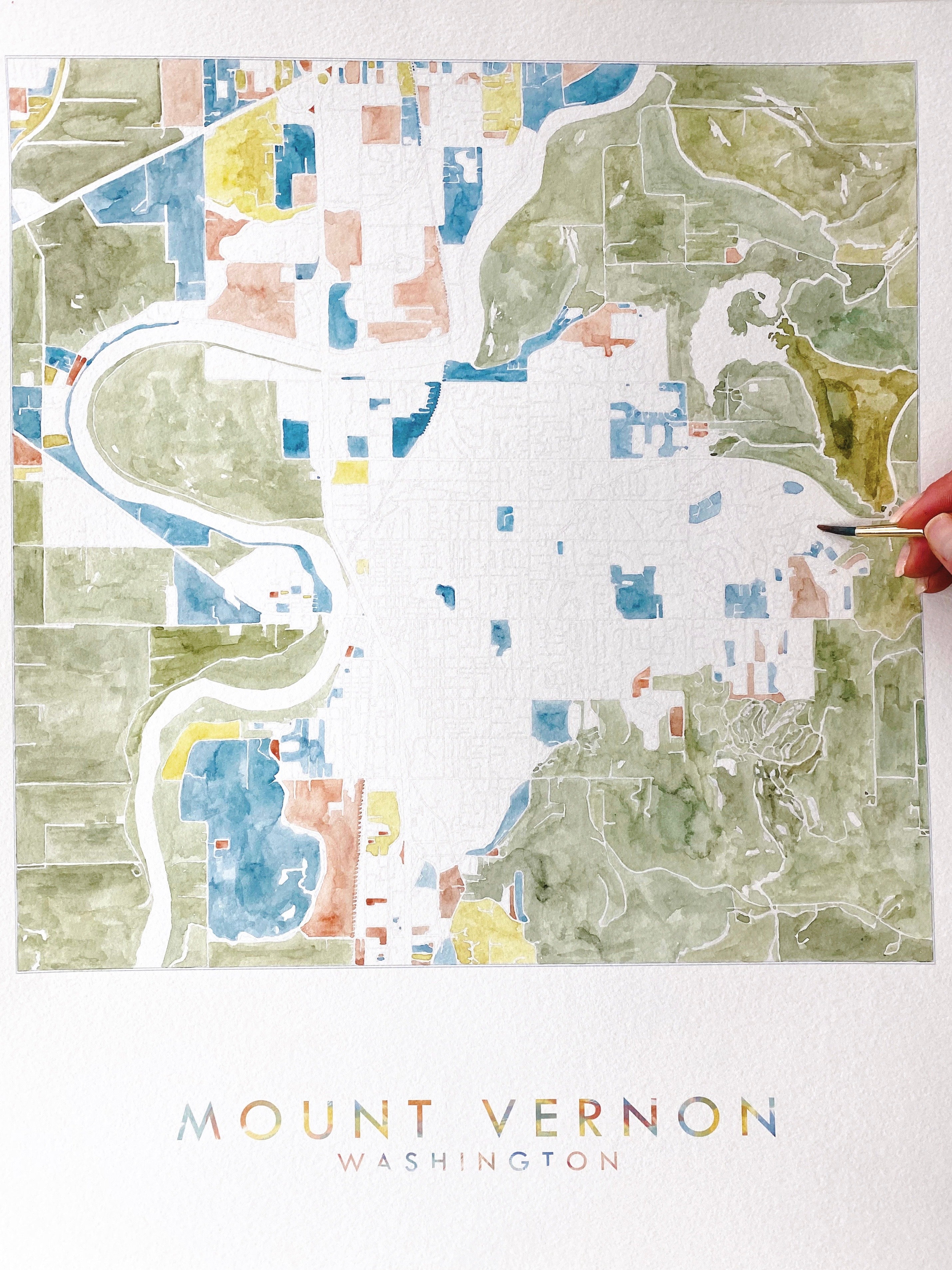 MOUNT VERNON Washington Watercolor City Blocks Map: ORIGINAL PAINTING