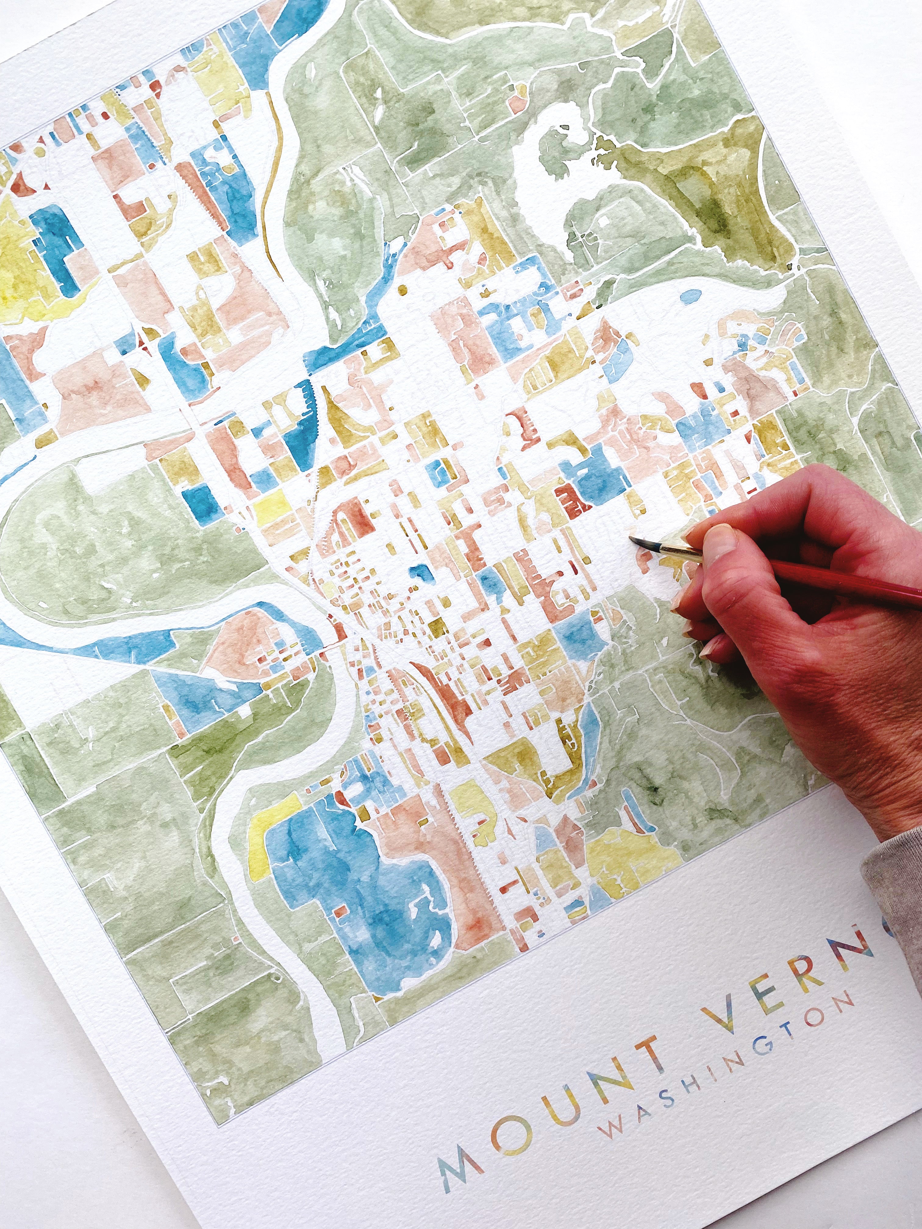ColorFULL MOUNT VERNON Washington Watercolor Map Postcard